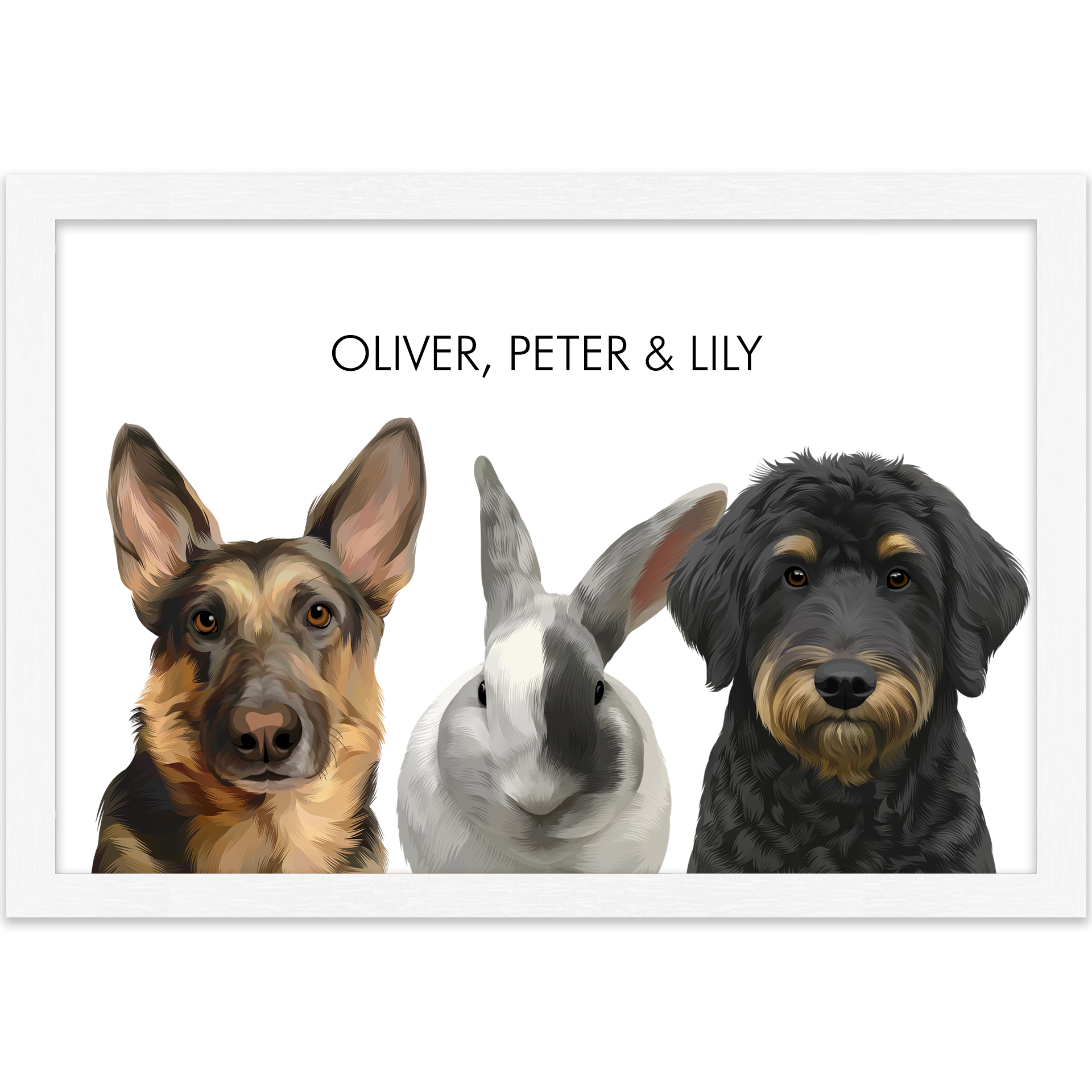 Illustrated 3 pet portrait of a German Shepherd dog, rabbit, and black doodle dog in a standard white frame with a bright white background.