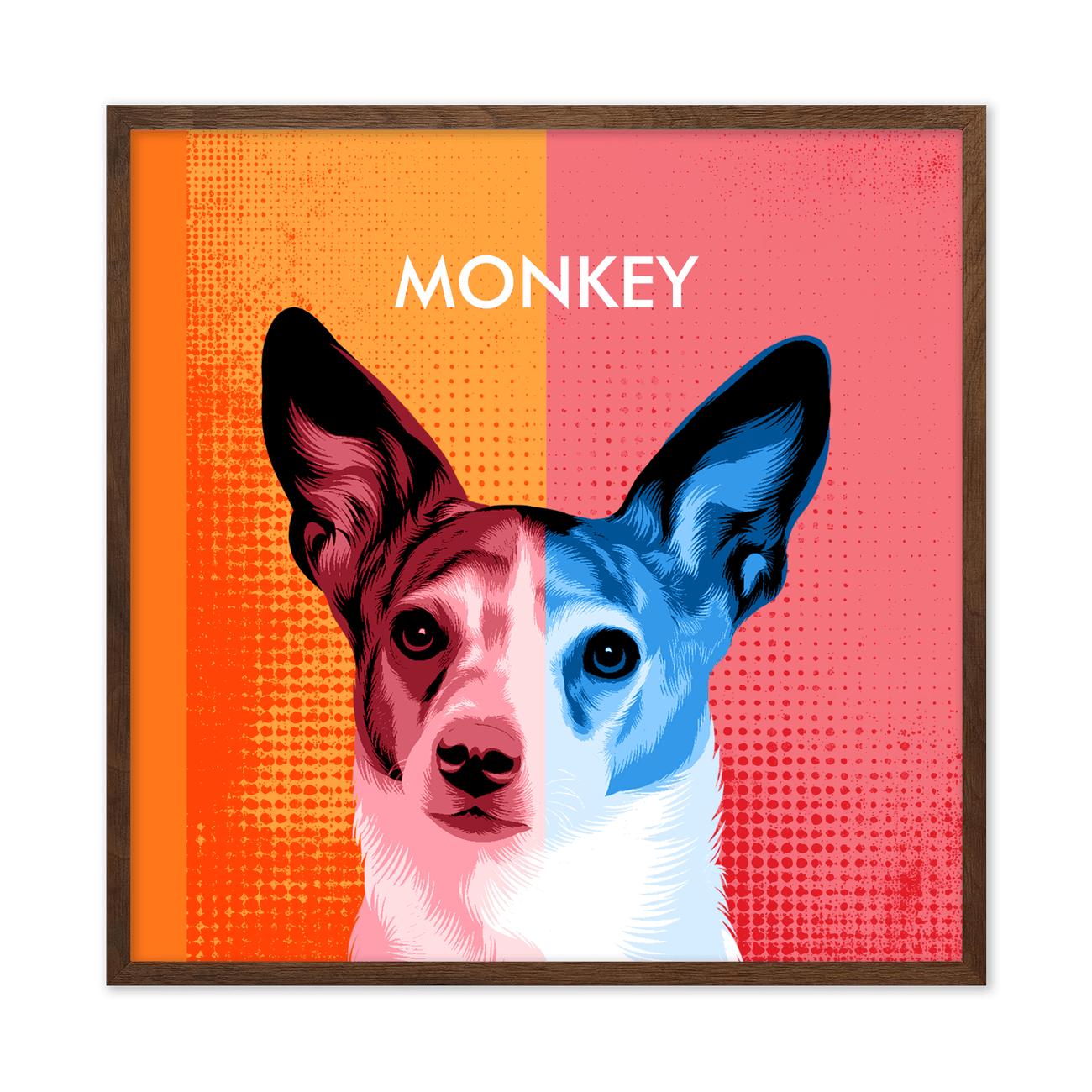 This colorful pet portrait blends modern pop art style with dynamic two toned shading and graphic detail, complemented by a warm walnut frame.