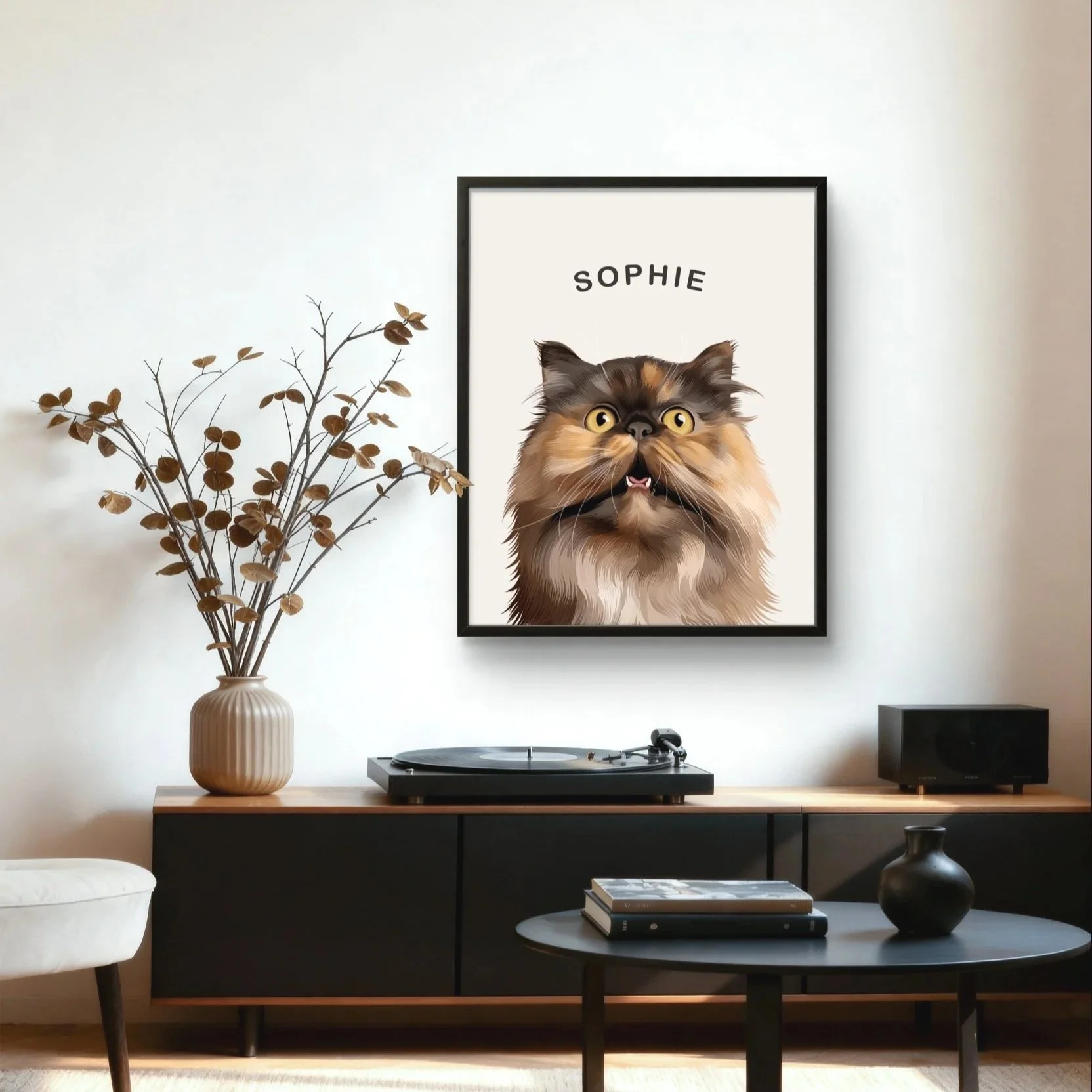 Retro rainbow pet portrait hanging on wall