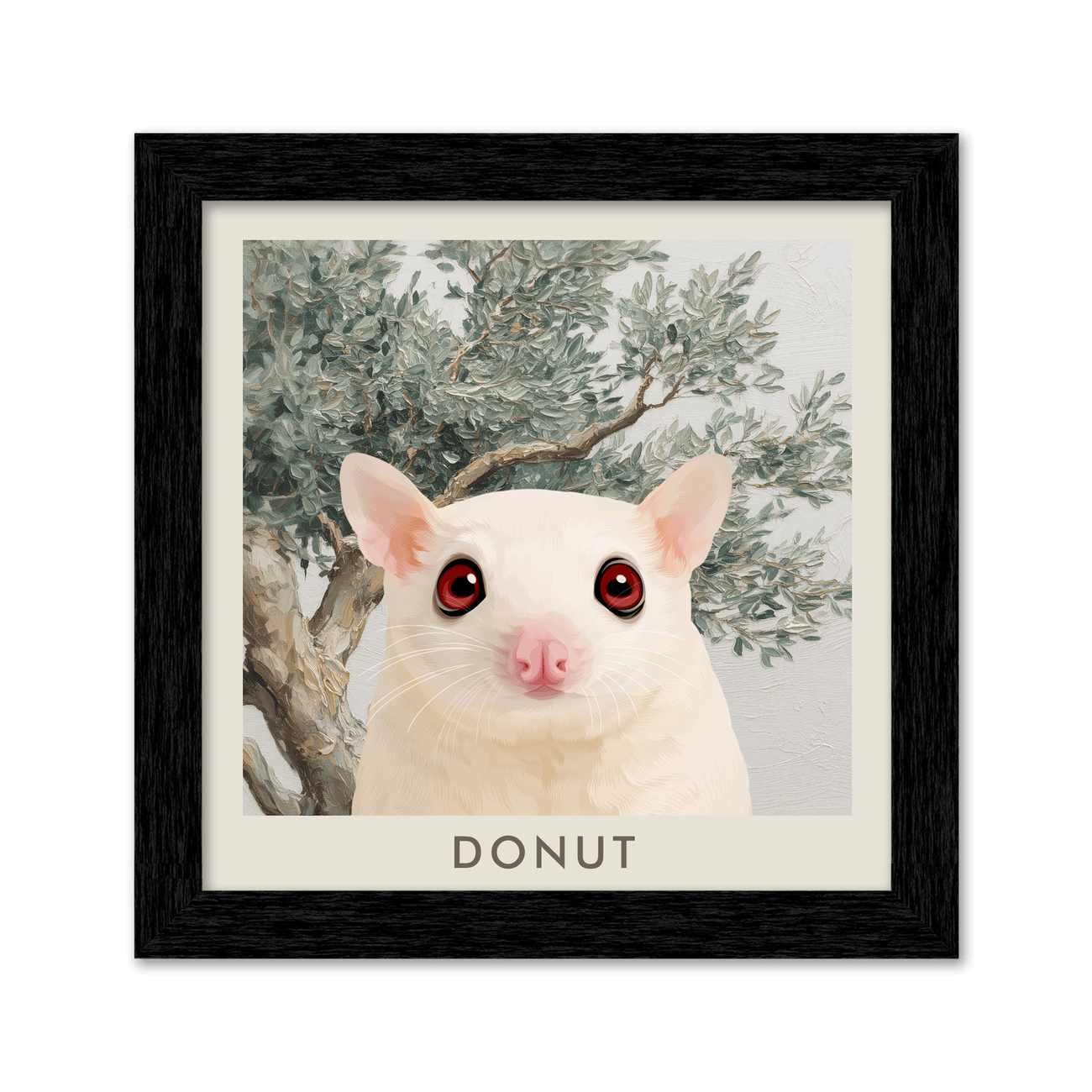 Square custom pet portrait from your pet with Mediterranean olive tree background in a black frame featuring rich contrast and soft texture.