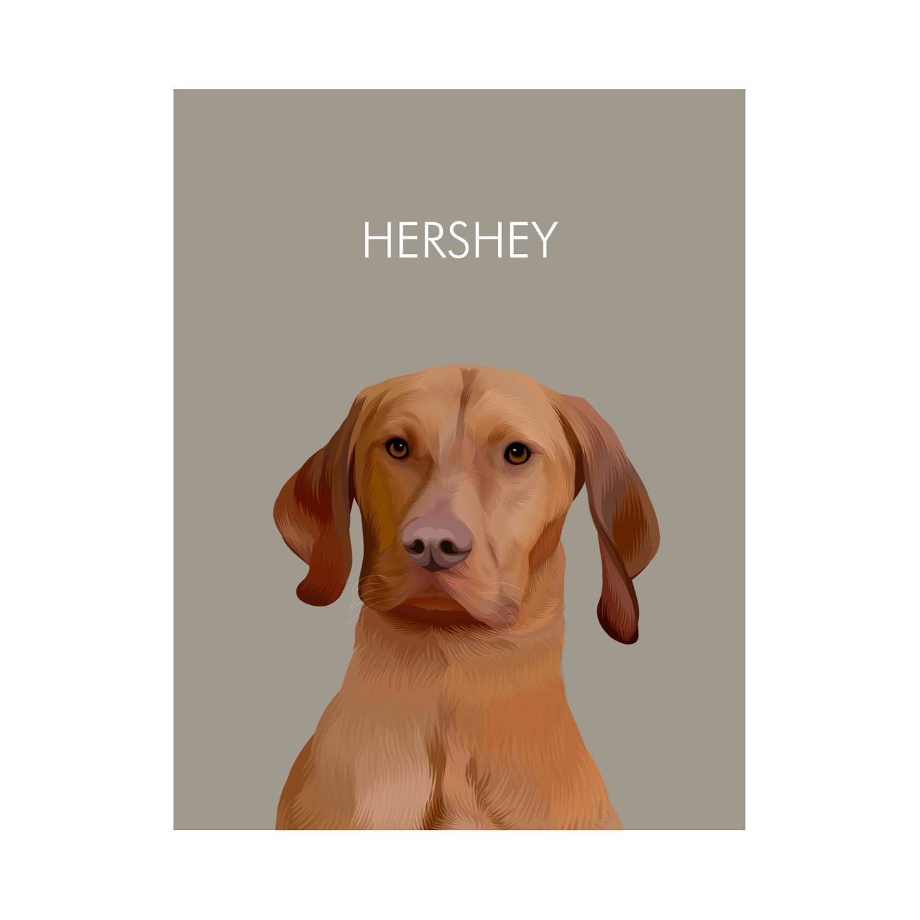 Framed pet portrait artwork of a Vizsla dog named Hershey on a neutral beige colored background, printed on enhanced matte paper.