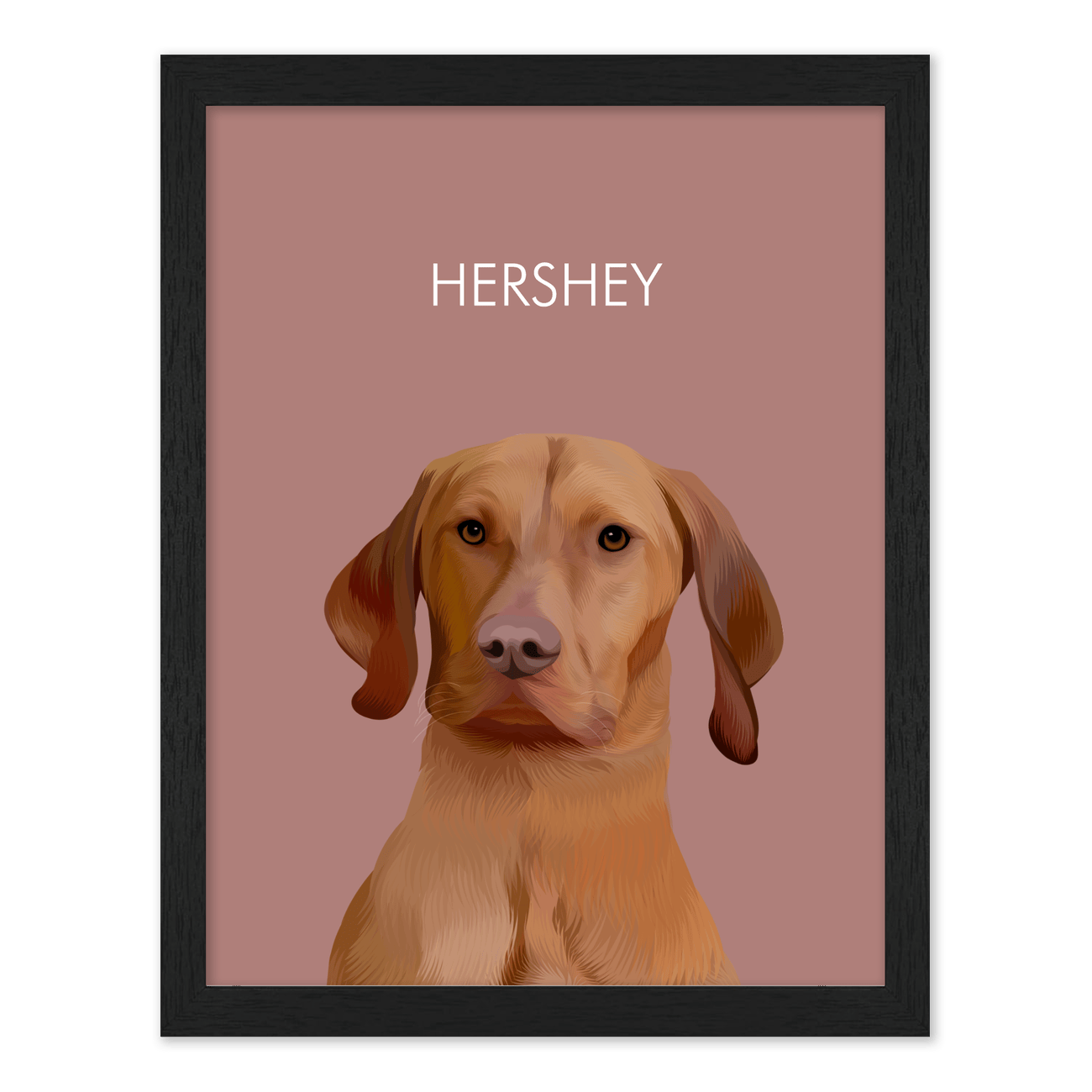 Framed pet portrait artwork of a Vizsla dog named Hershey on a neutral red colored background, framed in a black frame.