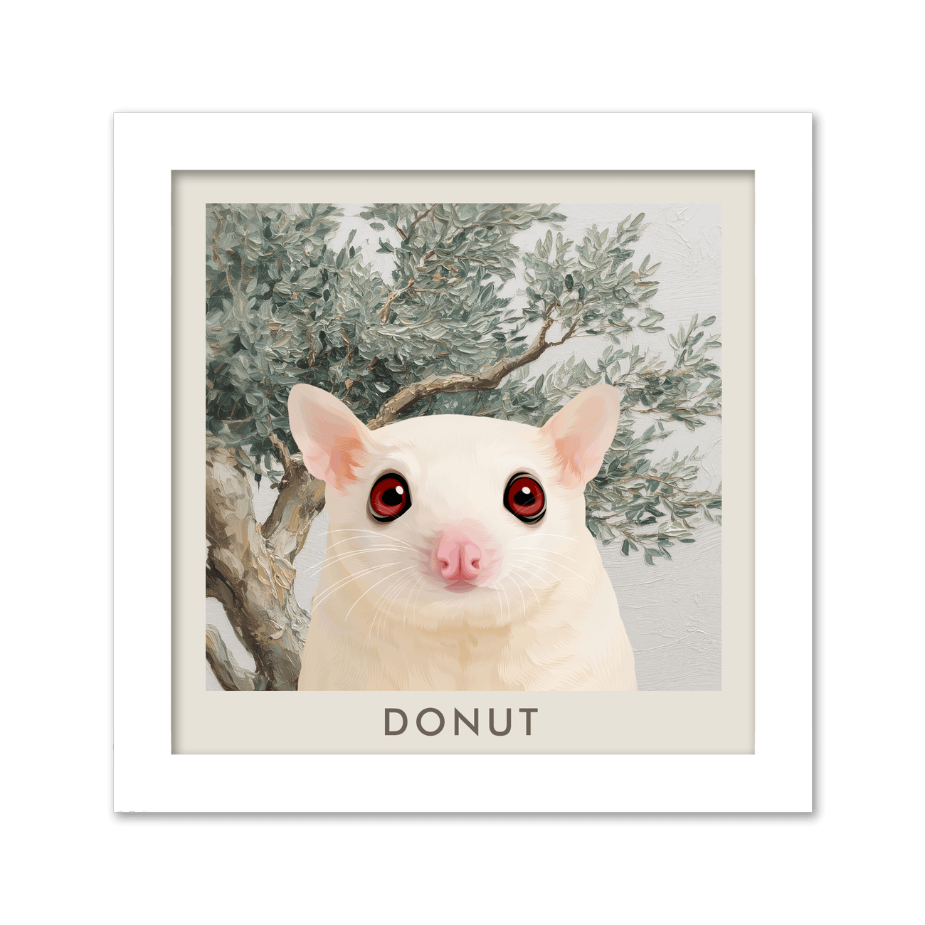 Square custom pet portrait from your pet in a clean white frame paired with a light Mediterranean olive tree background.