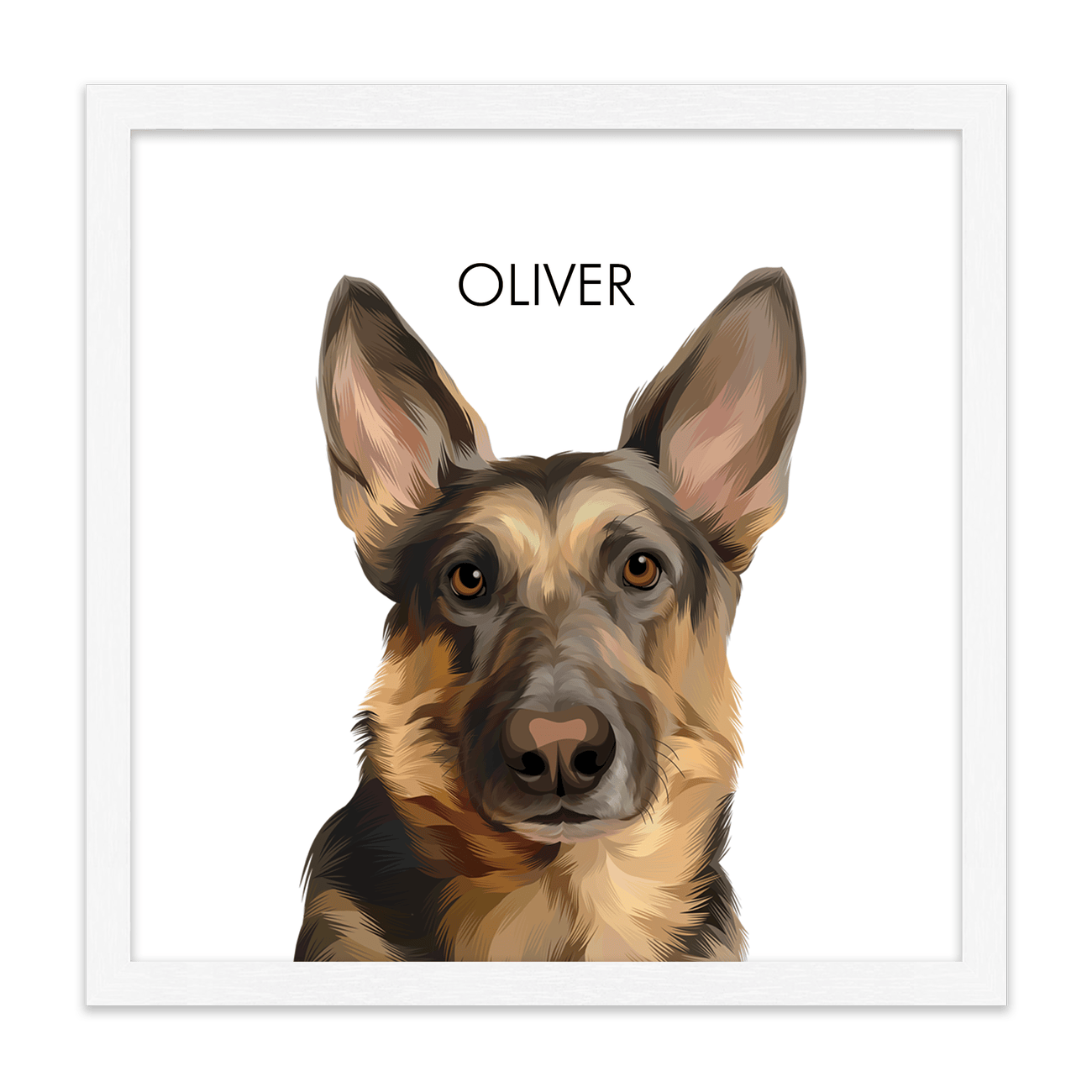 Featuring a crisp square design, this German Shepherd dog portrait pairs soft neutral colors with a standard white frame.