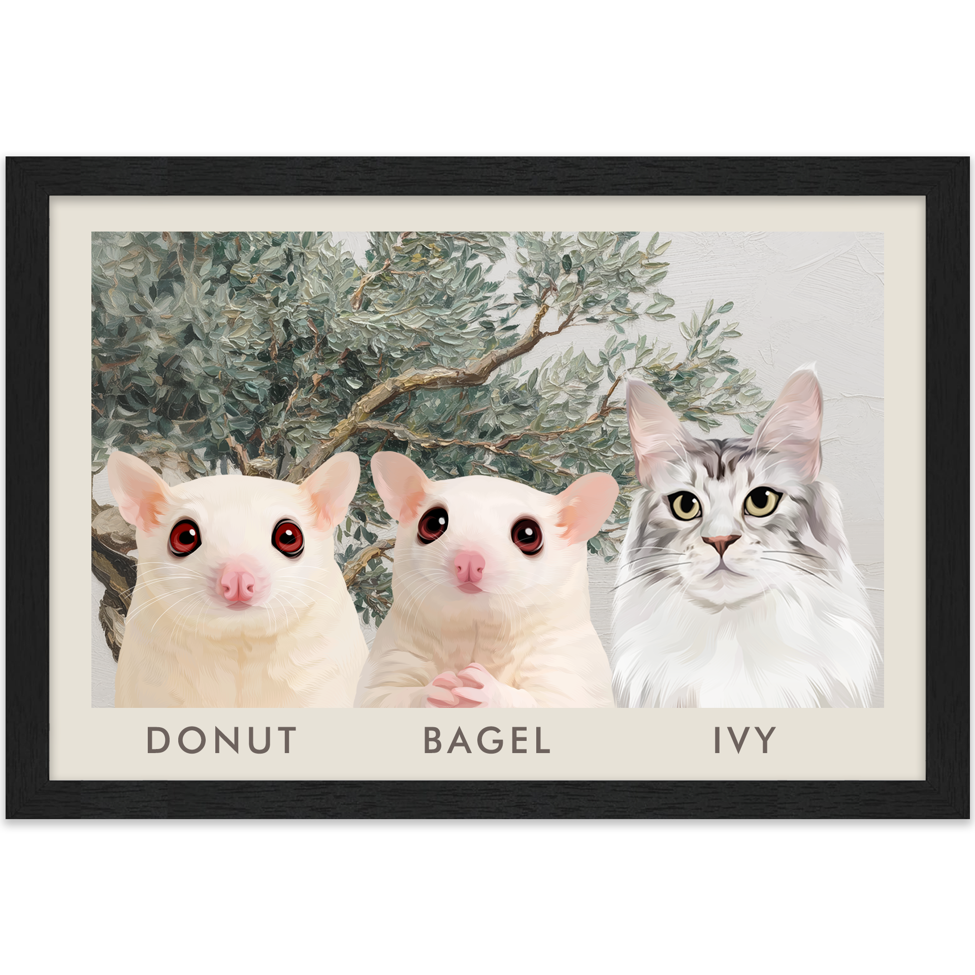 3petportrait-horizontal-mediterraneanolivetreebranch_Standard-Black-Frame.png