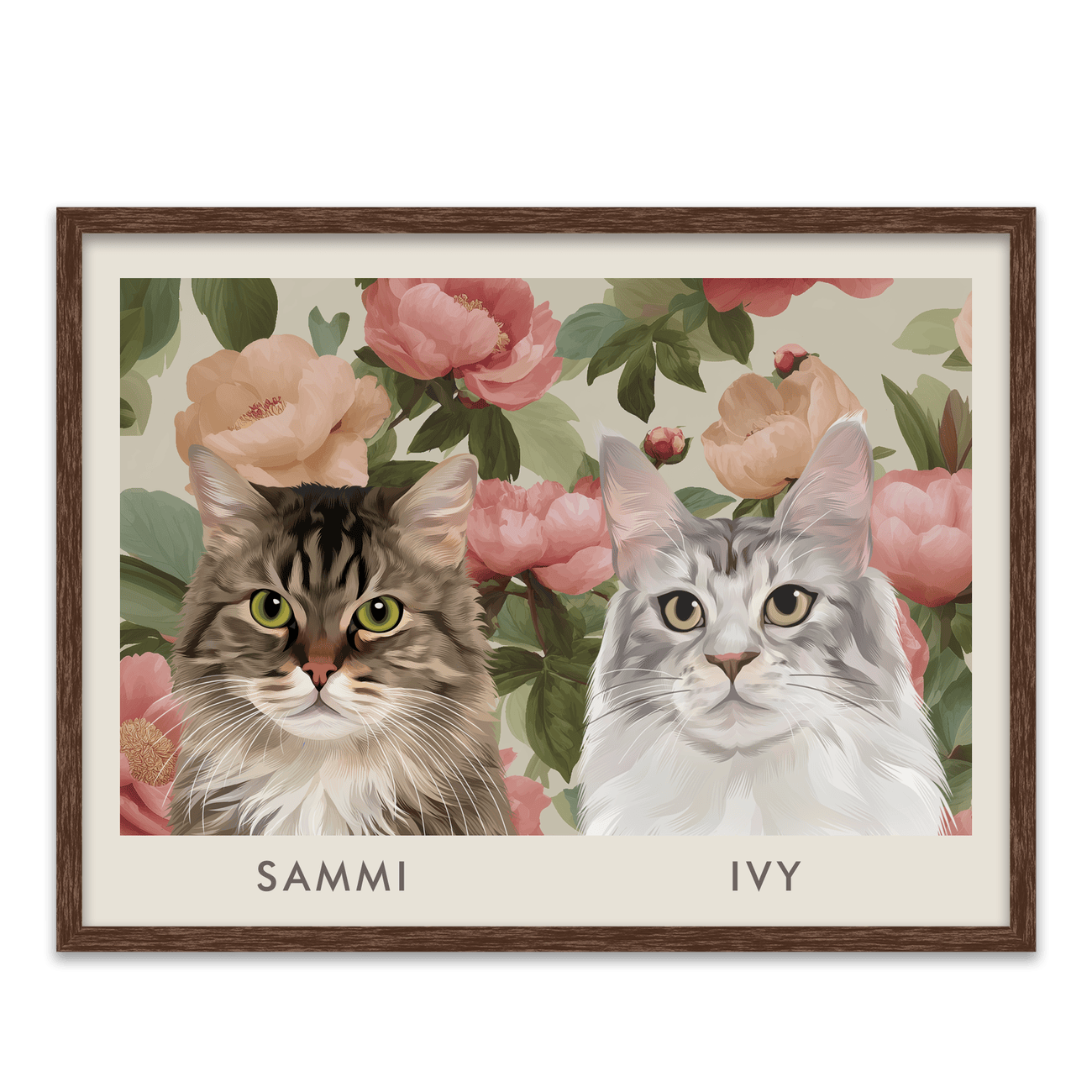 Personalized two-pet portrait with vintage blush peonies pattern in a warm walnut wood frame, soft romantic florals behind Sammi and Ivy.