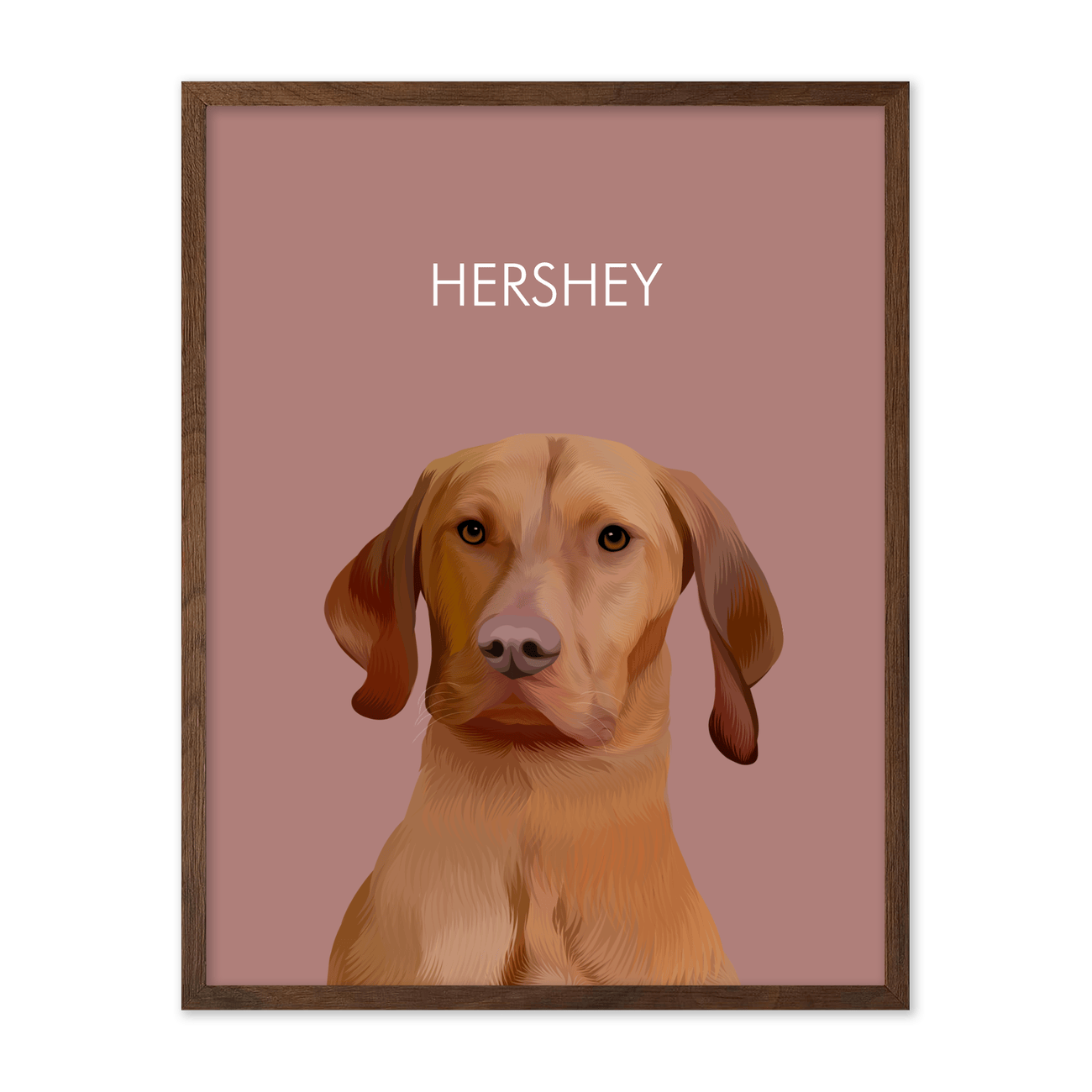 Framed pet portrait artwork of a Vizsla dog named Hershey on a neutral red colored background, framed in a dark walnut frame.