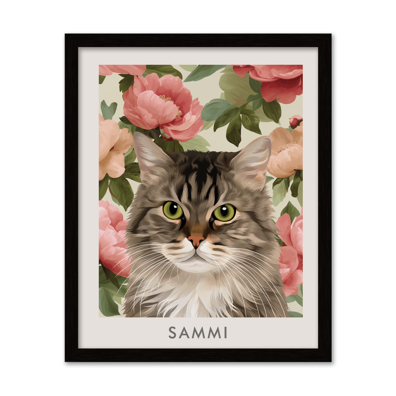 Vertical metal framed vintage blush pink peonies pet portrait of tabby cat Sammi, detailed fur illustration against romantic peony background.