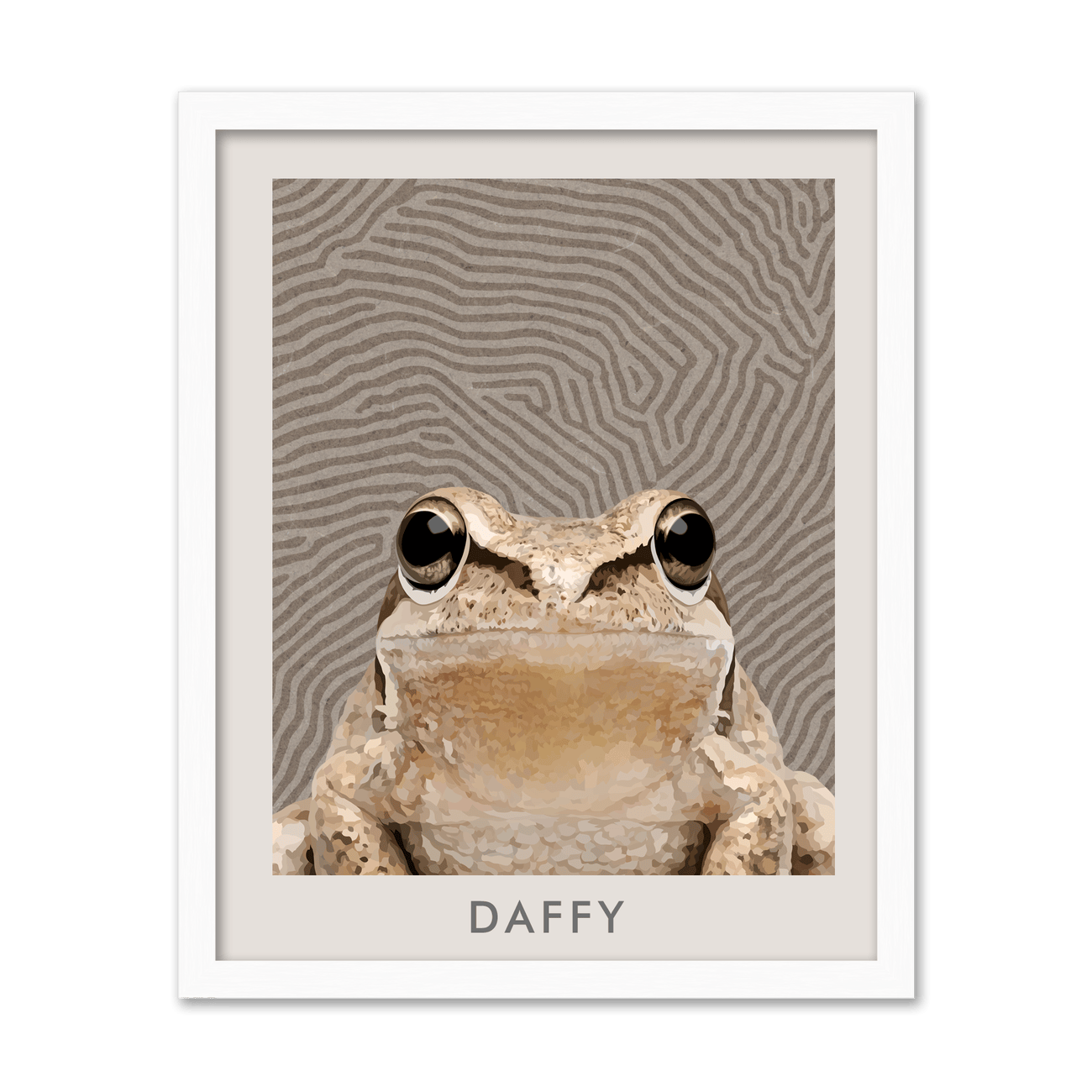 Finished in a vertical white oak frame, this Organic Terrain Lines Minimalist Pet Portrait blends a detailed frog illustration with subtle terrain lines for a natural, elevated look.