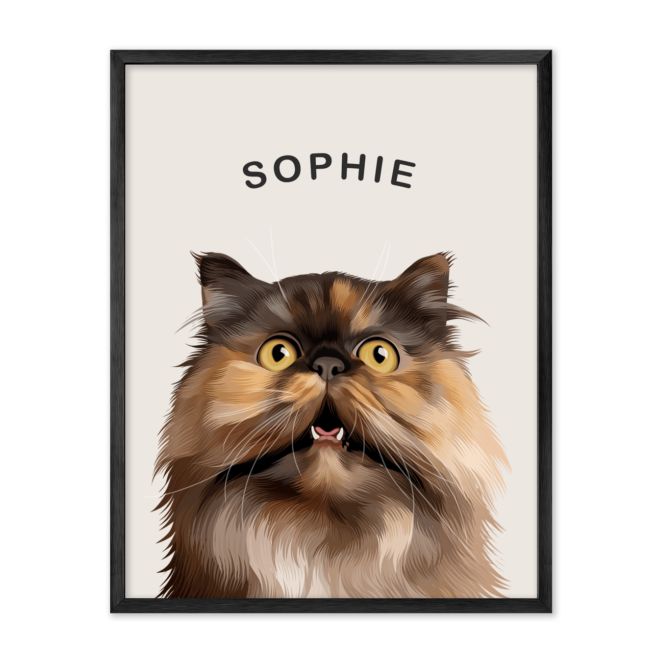 Framed in sleek metal, this cat portrait of Sophie stands out on a beige backdrop, a Personalized Modern Minimalist Pet Portrait with clean, modern style.