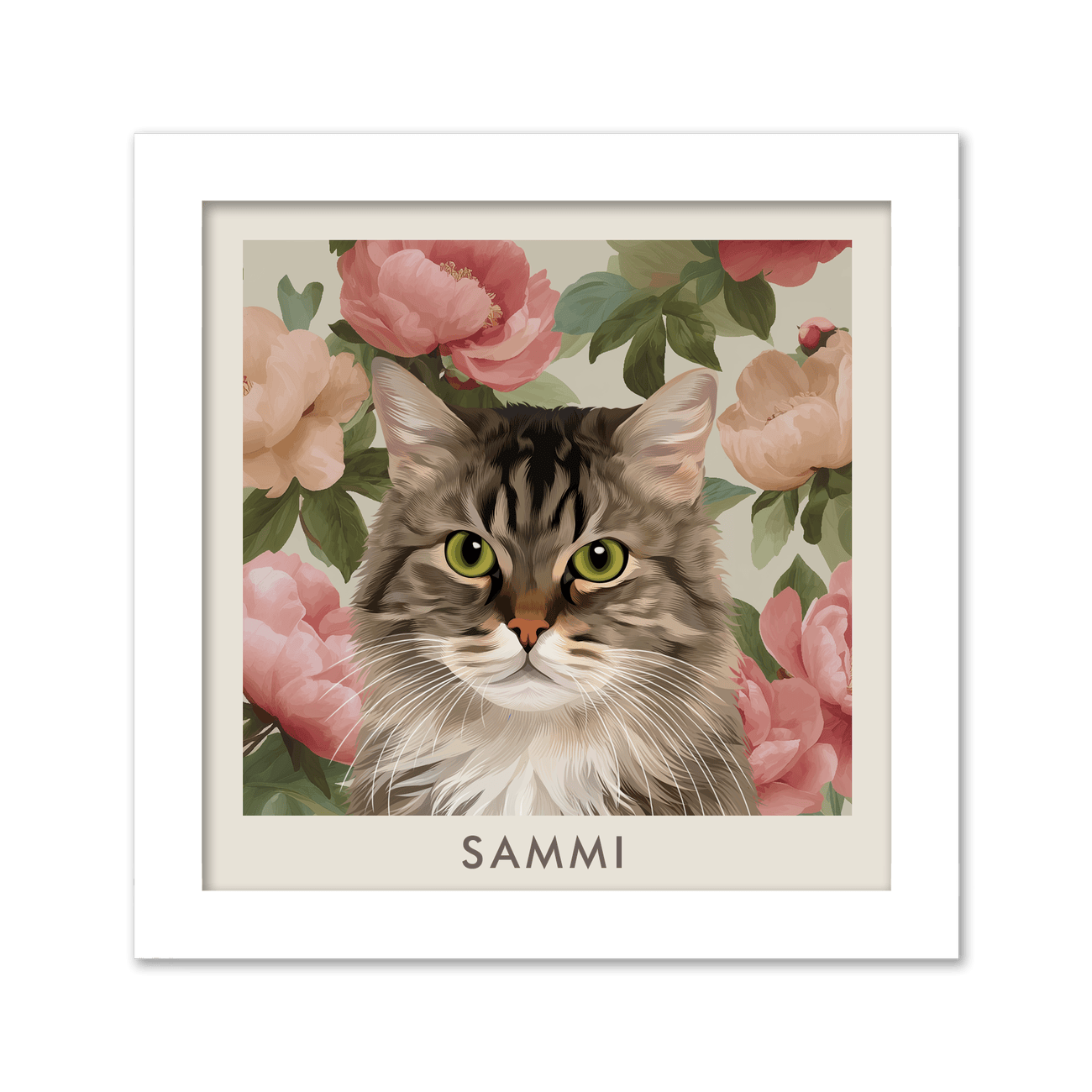 White framed Vintage Blush Pink Peonies Pet Portrait of a hand-illustrated tabby cat with soft fur detail, set against airy blush pink peonies and subtle sage leaves.