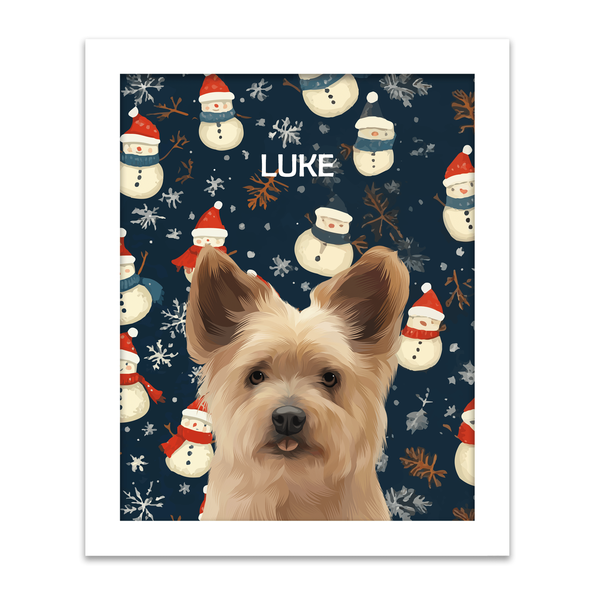 Custom winter pet portrait of a small brown dog named Luke, illustrated with a playful snowman and snowflake pattern background, framed in a white frame.