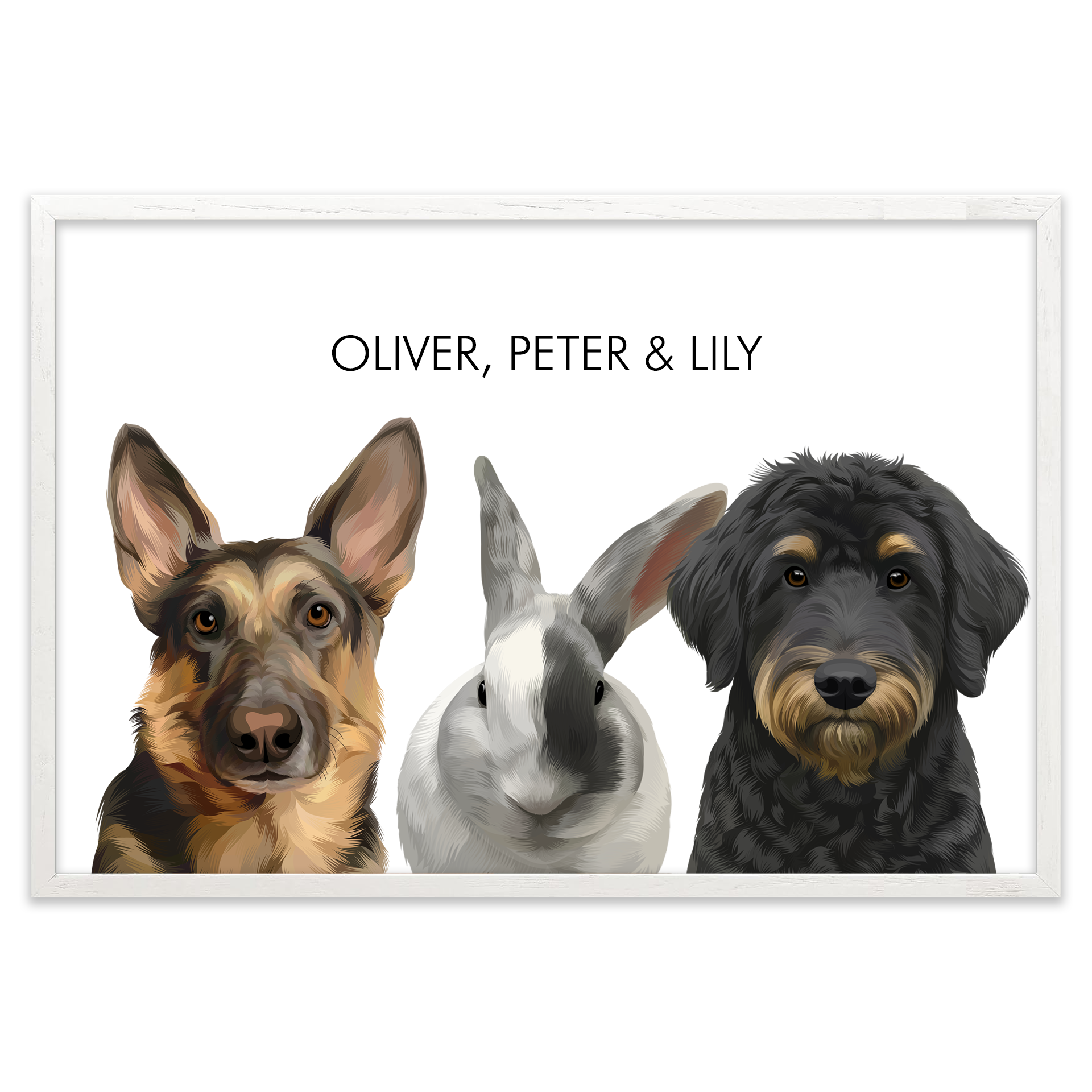 White oak framed custom 3 pet portrait of a German Shepherd dog, rabbit, and black doodle dog on a clean white background.