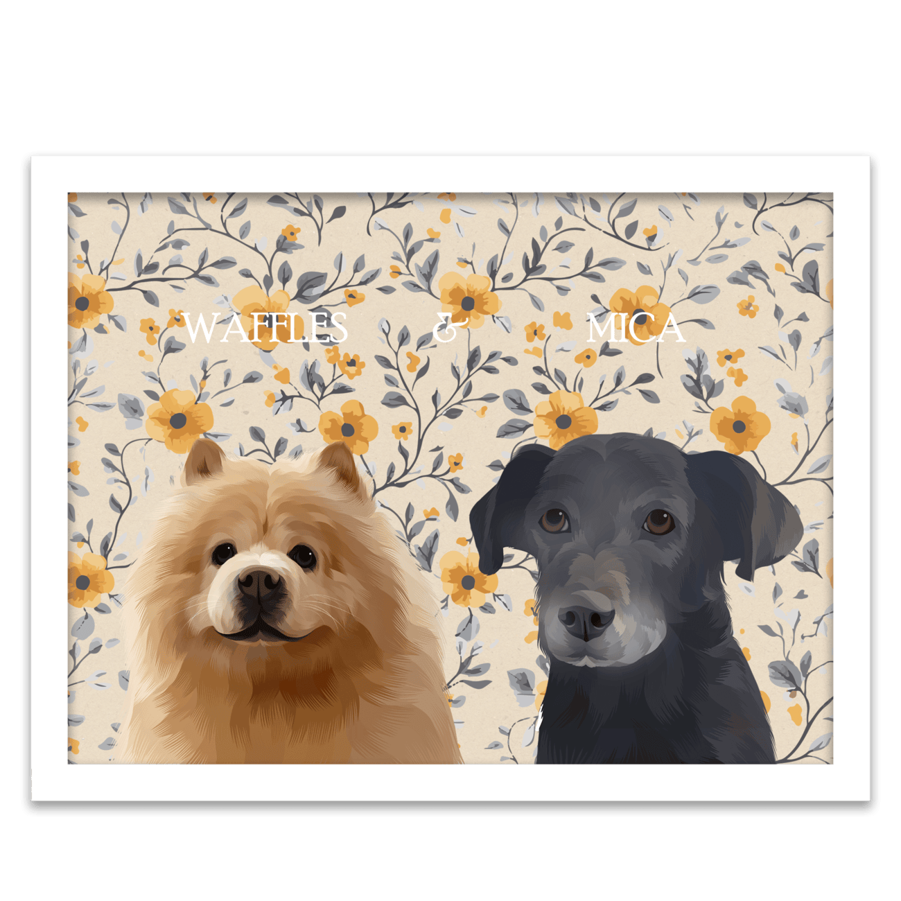 Charming custom pet portrait of a fluffy dog named Waffles and a black dog named Mica, illustrated with a vintage soft yellow floral background, framed in a white frame.