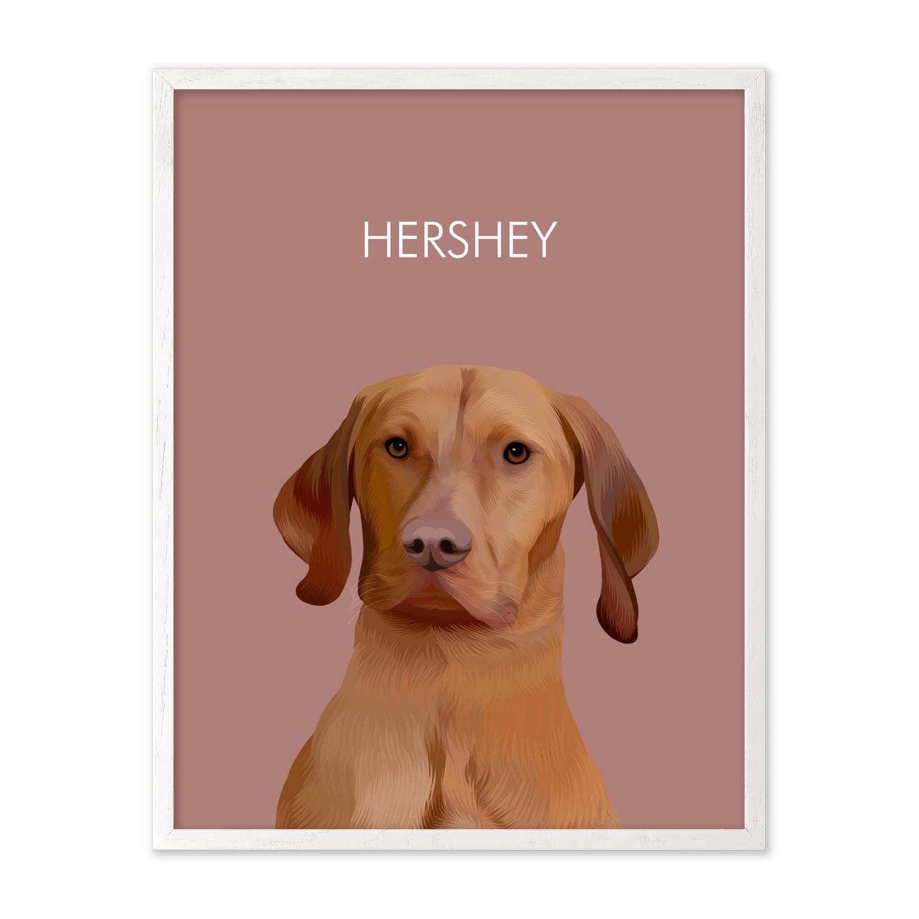 Framed pet portrait artwork of a Vizsla dog named Hershey on a neutral red colored background, framed in a white oak frame.
