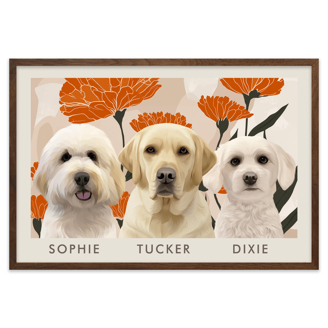 3petportrait-horizontal-bloomingmarigoldfloralillustration_Walnut-Frame.png