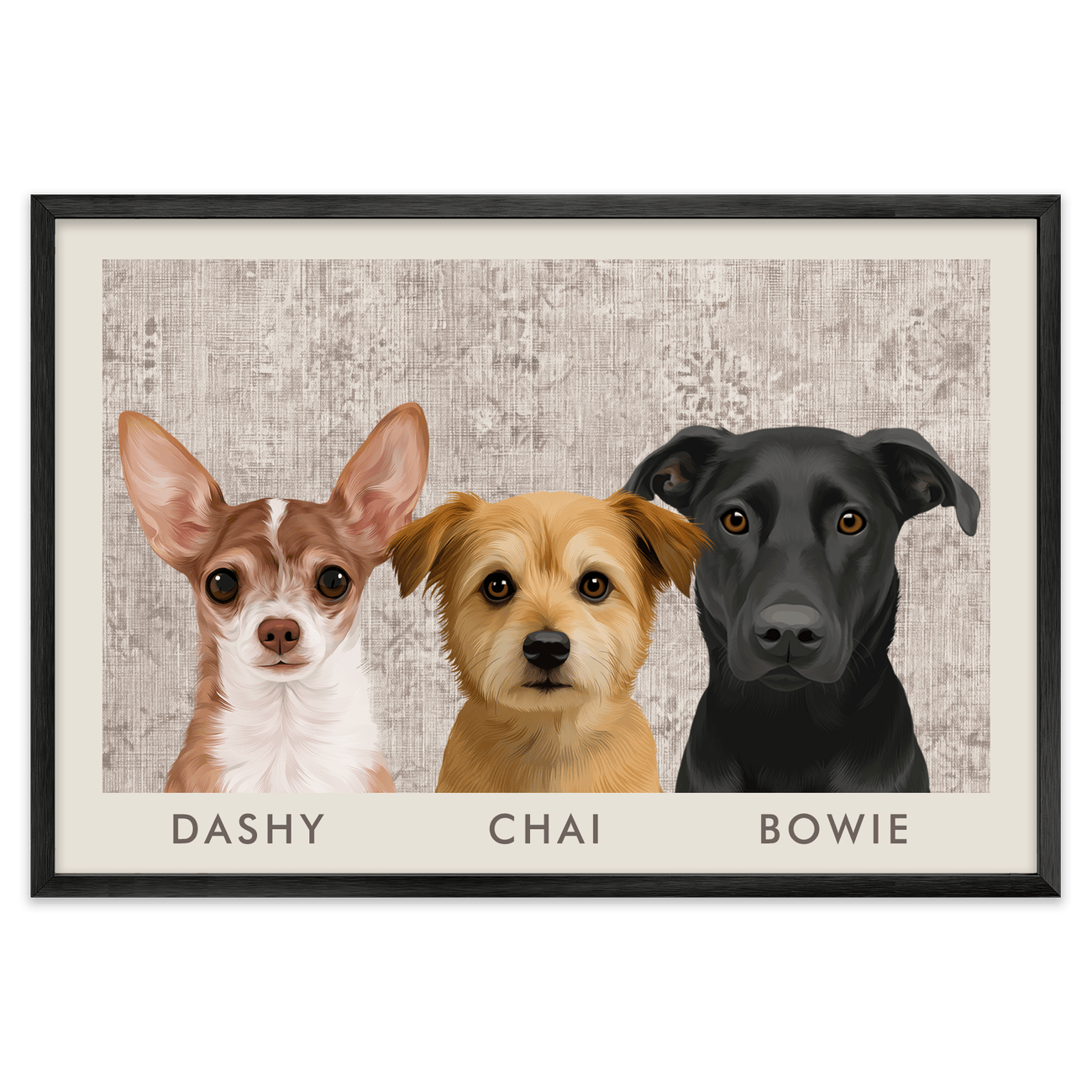 Modern multi pet portrait with vintage distressed textile details and hand illustrated dog artwork displayed in a sleek metal frame