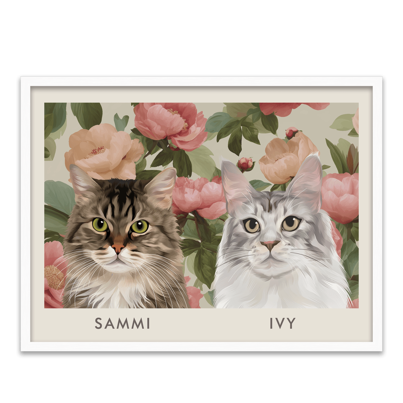 Two-pet hand-illustrated portrait with vintage blush peonies floral design, framed in light white oak for a soft, natural, elegant look.