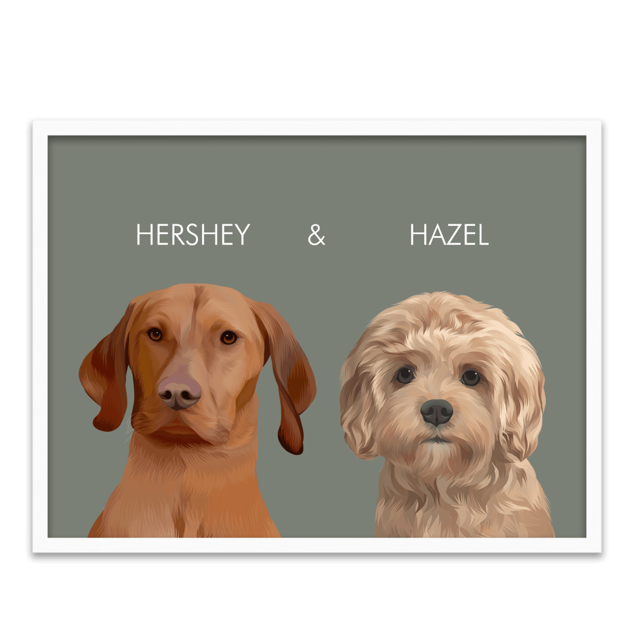 Framed 2 pet portrait artwork of a Vizsla dog named Hershey and a Poodle named Hazel on a neutral green colored background, framed in a white oak frame.