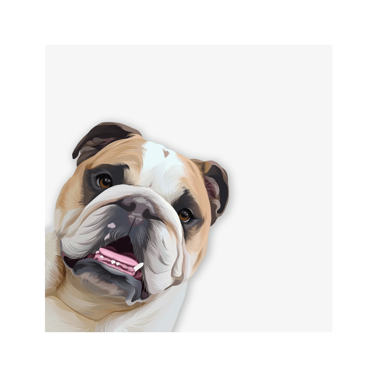 Square print only Bulldog artwork with a playful peekaboo composition and fun modern pet portrait illustration style.