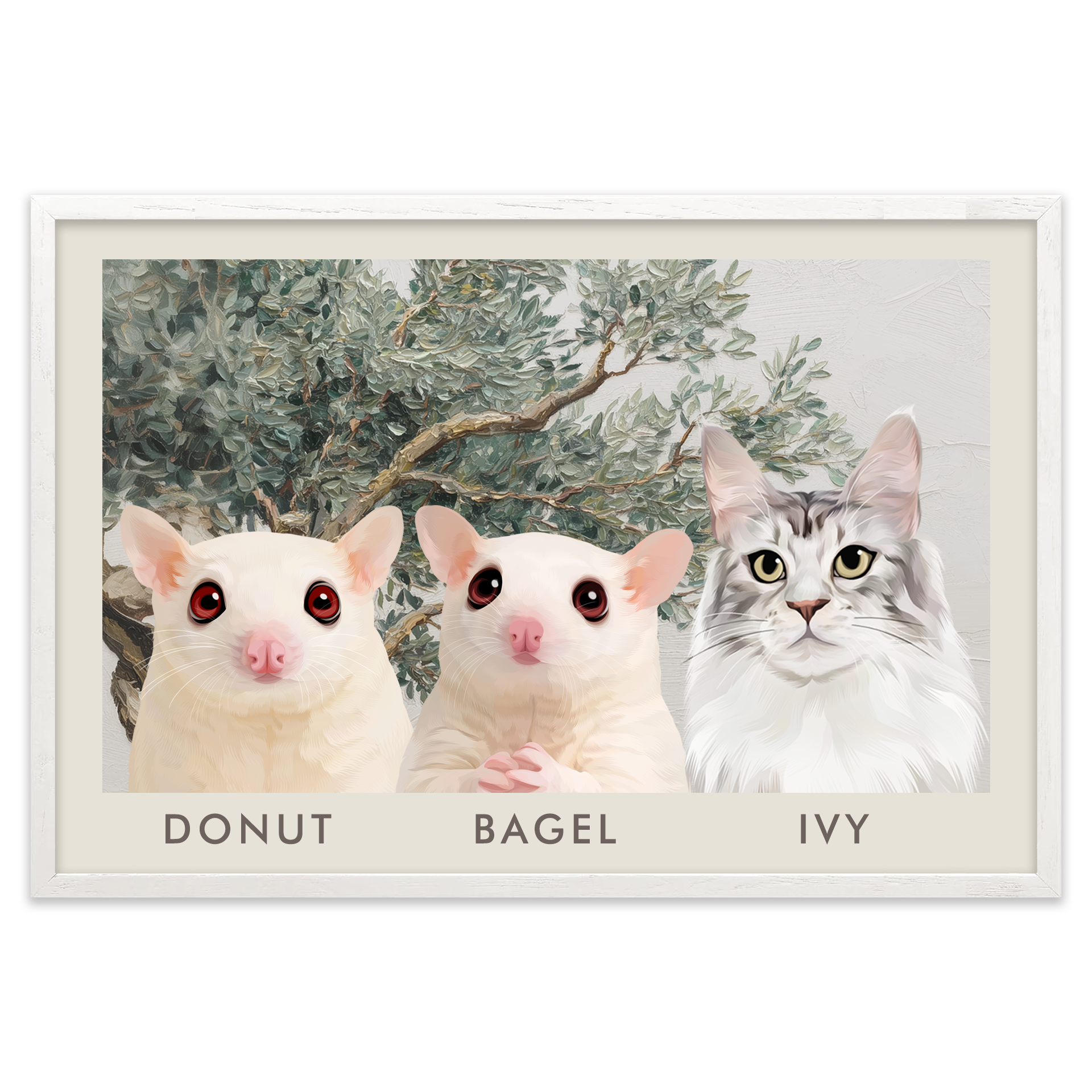 3petportrait-horizontal-mediterraneanolivetreebranch_White-Oak-Frame.png