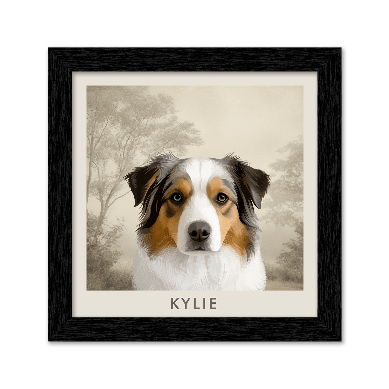 Custom Australian Shepherd portrait in a soft vintage landscape, framed in modern black wood for a timeless and elegant look.