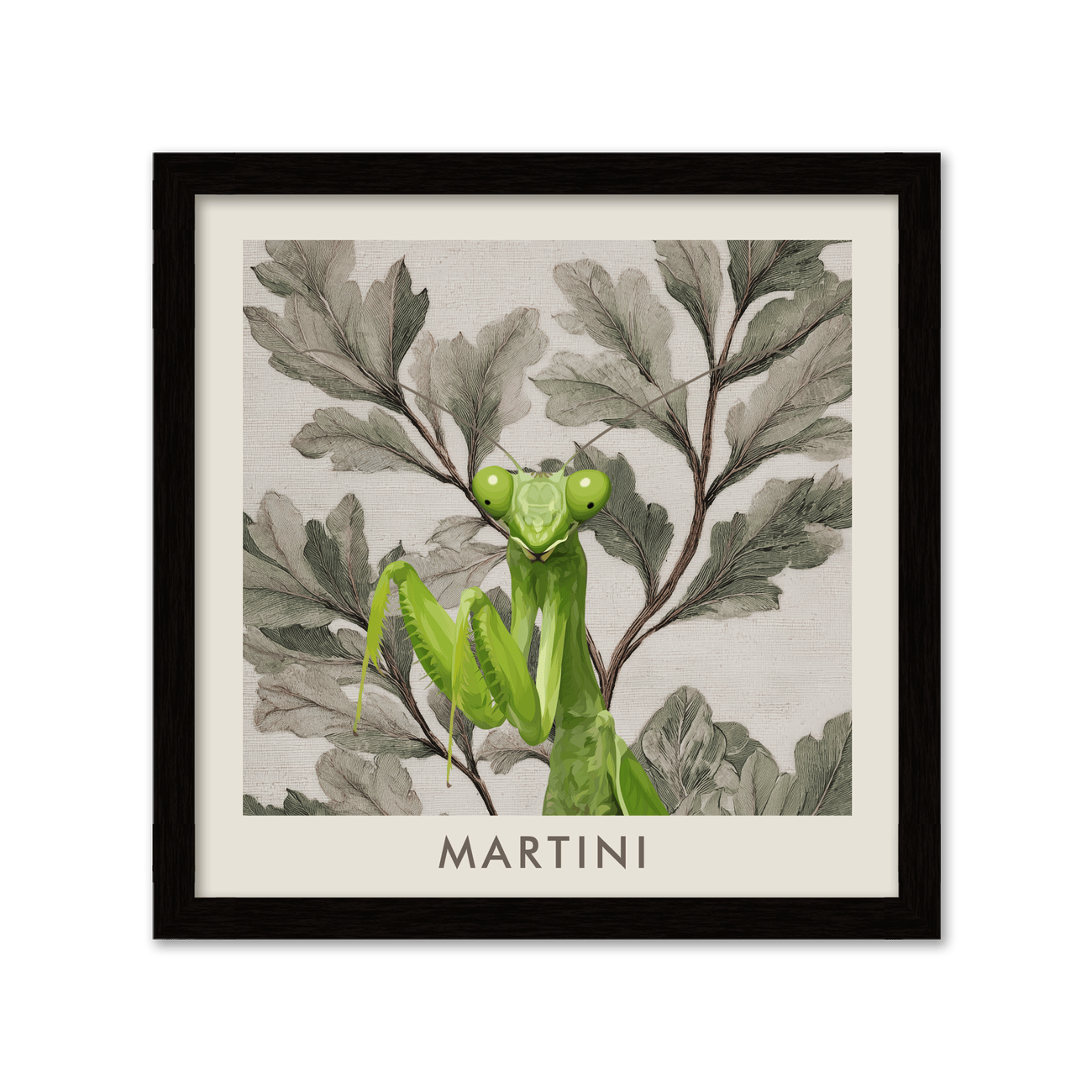 Metal framed vintage botanical pet portrait featuring a bright green praying mantis named Martini with detailed foliage art.