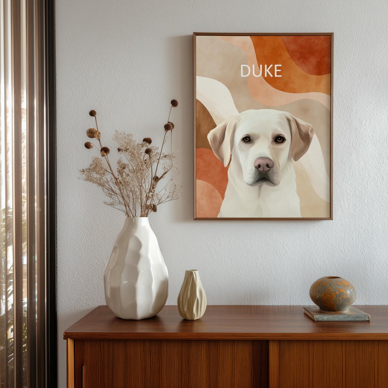 Retro rainbow pet portrait hanging on wall