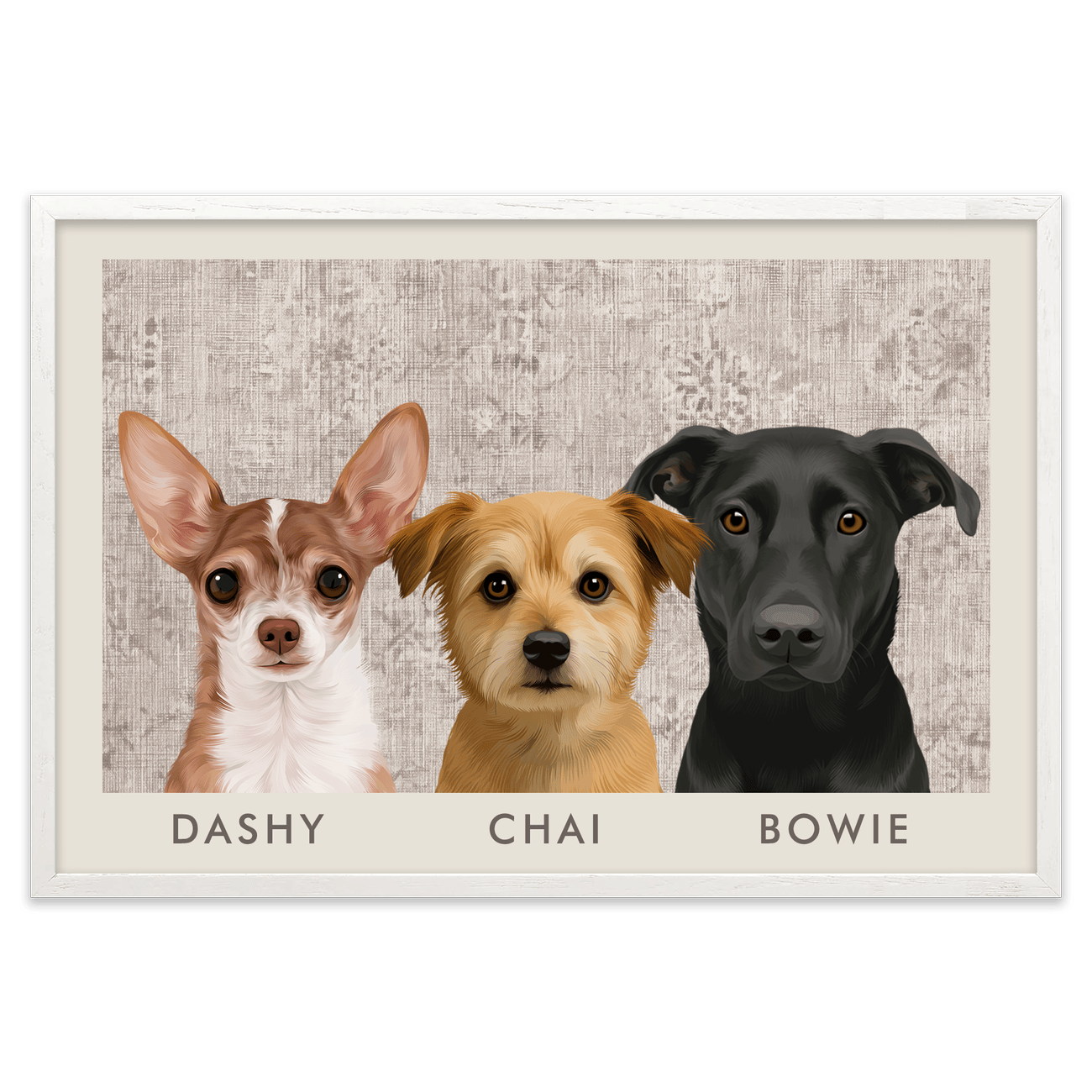 Premium horizontal pet portrait with vintage distressed textile styling and realistic multi dog illustration displayed in a white oak frame
