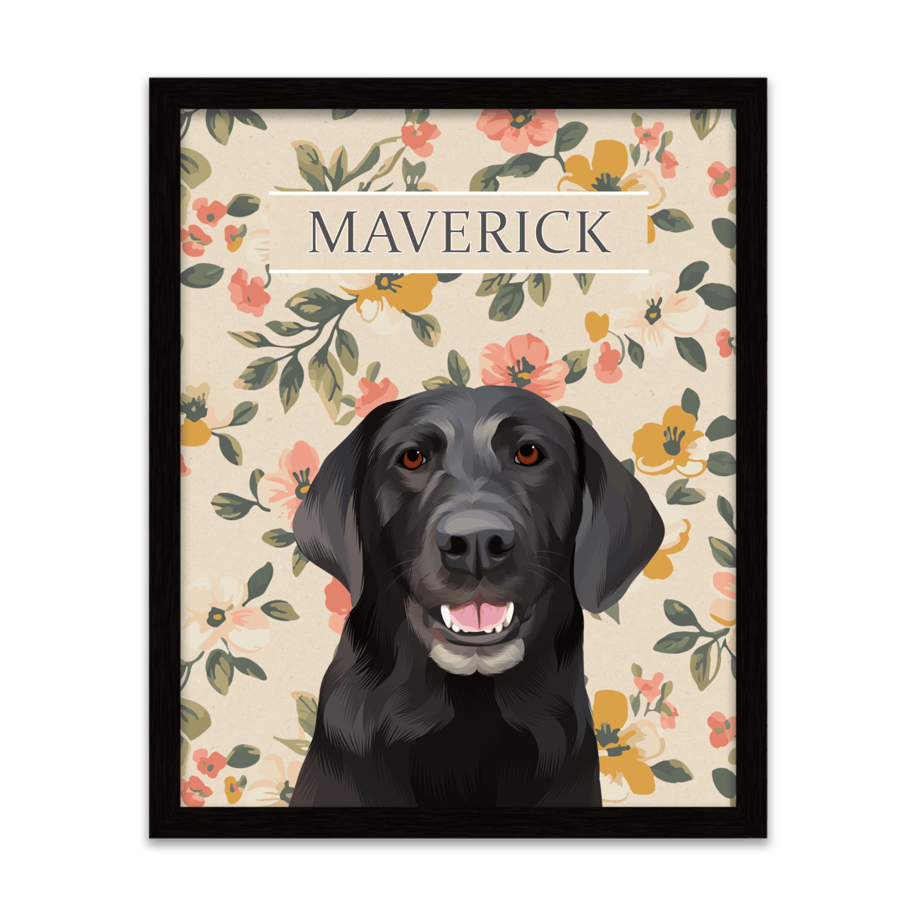 Vintage-style custom pet portrait of a black dog named Maverick , featuring a hand-illustrated floral background with a metal frame.