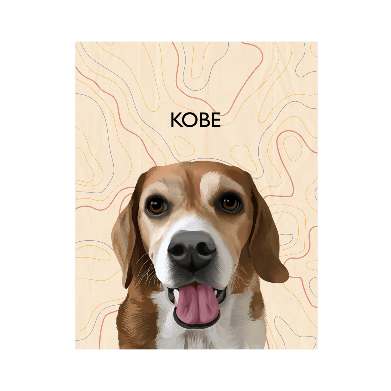 Modern pet portrait of a beagle named Kobe, featuring a warm-toned topographic line art background printed on premium matte paper.