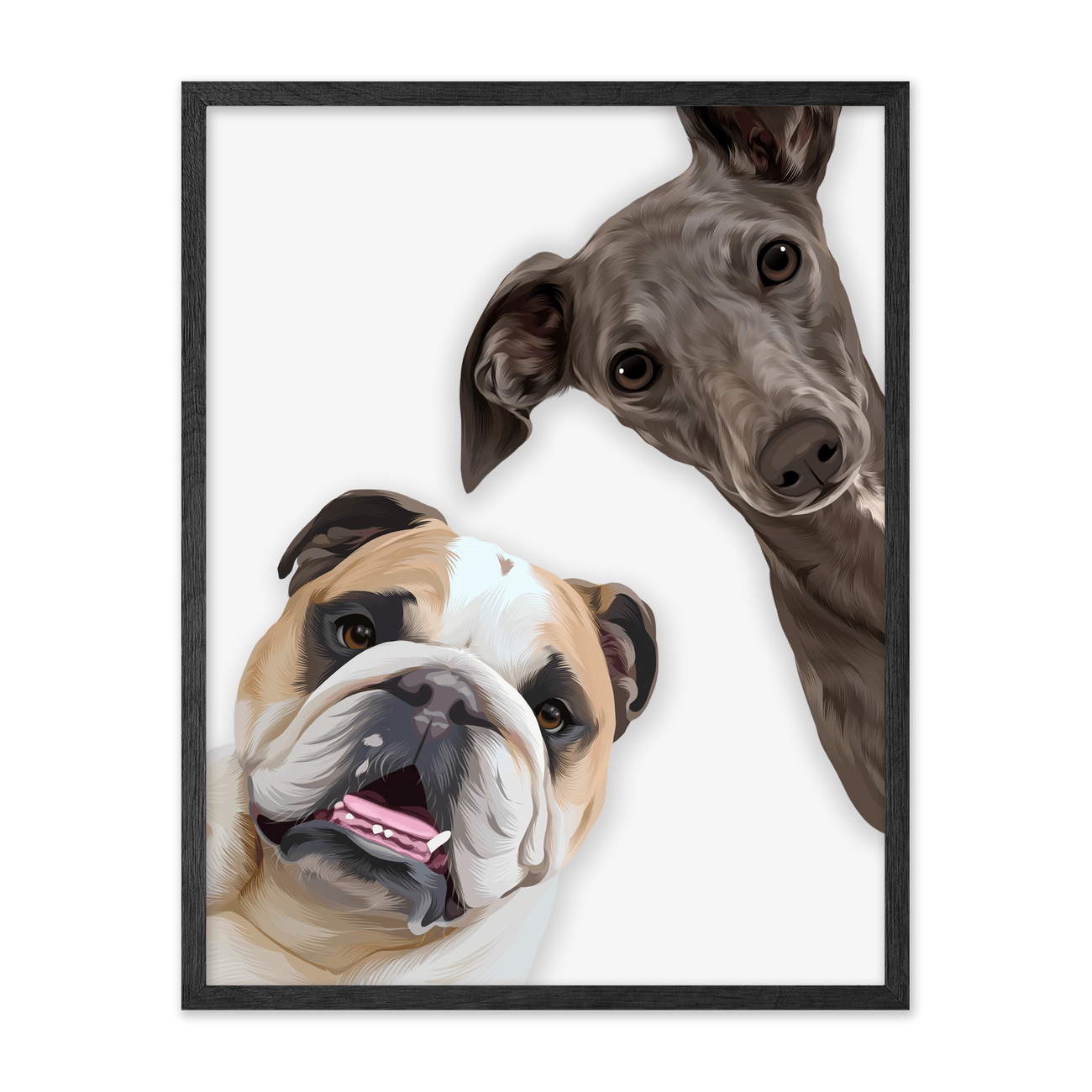This playful peekaboo custom pet portrait features two dogs in a fun illustrated style with expressive poses and a modern black oak frame.