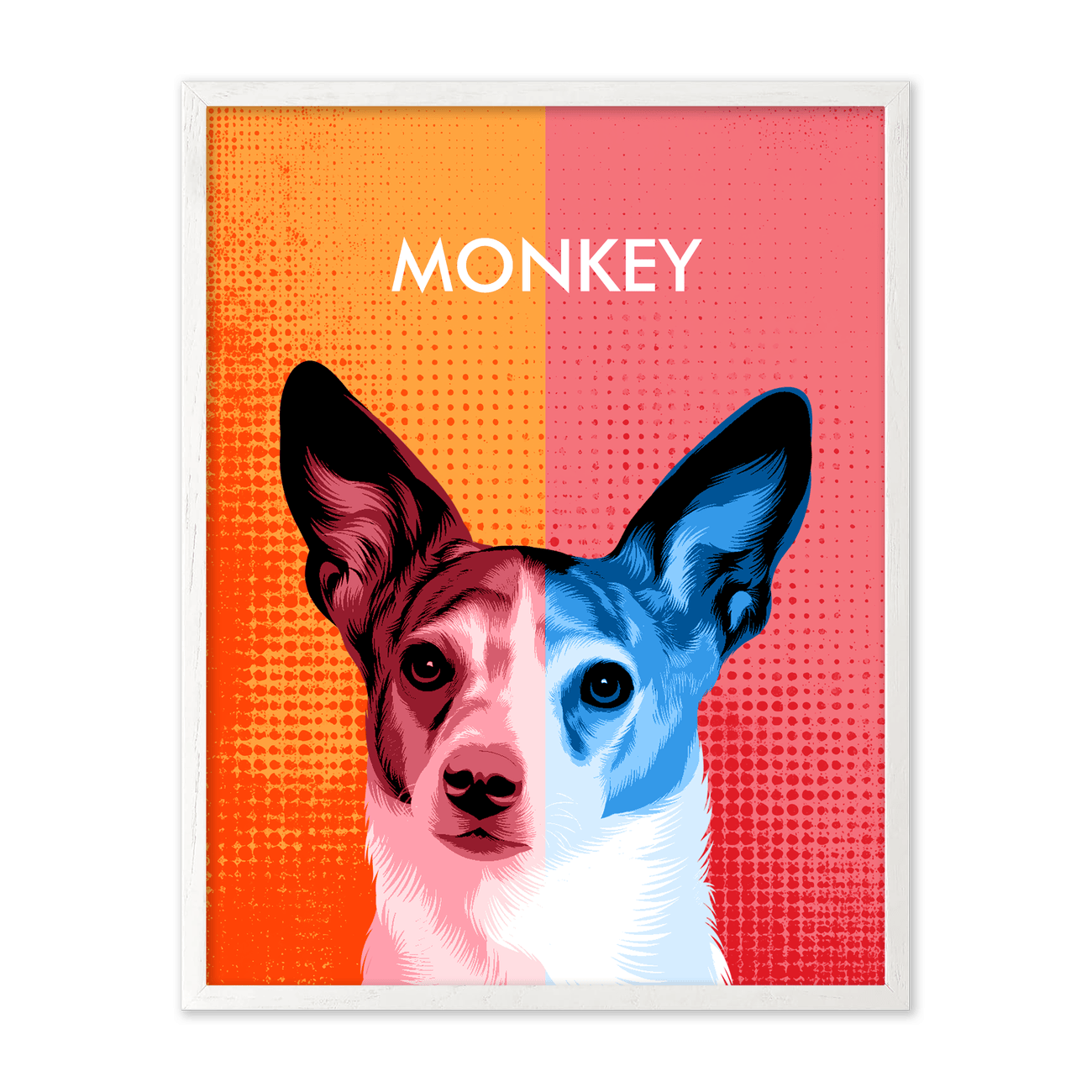 Designed to make your pet the center of attention, this two toned modern pop art pet portrait is paired with a timeless white oak frame.