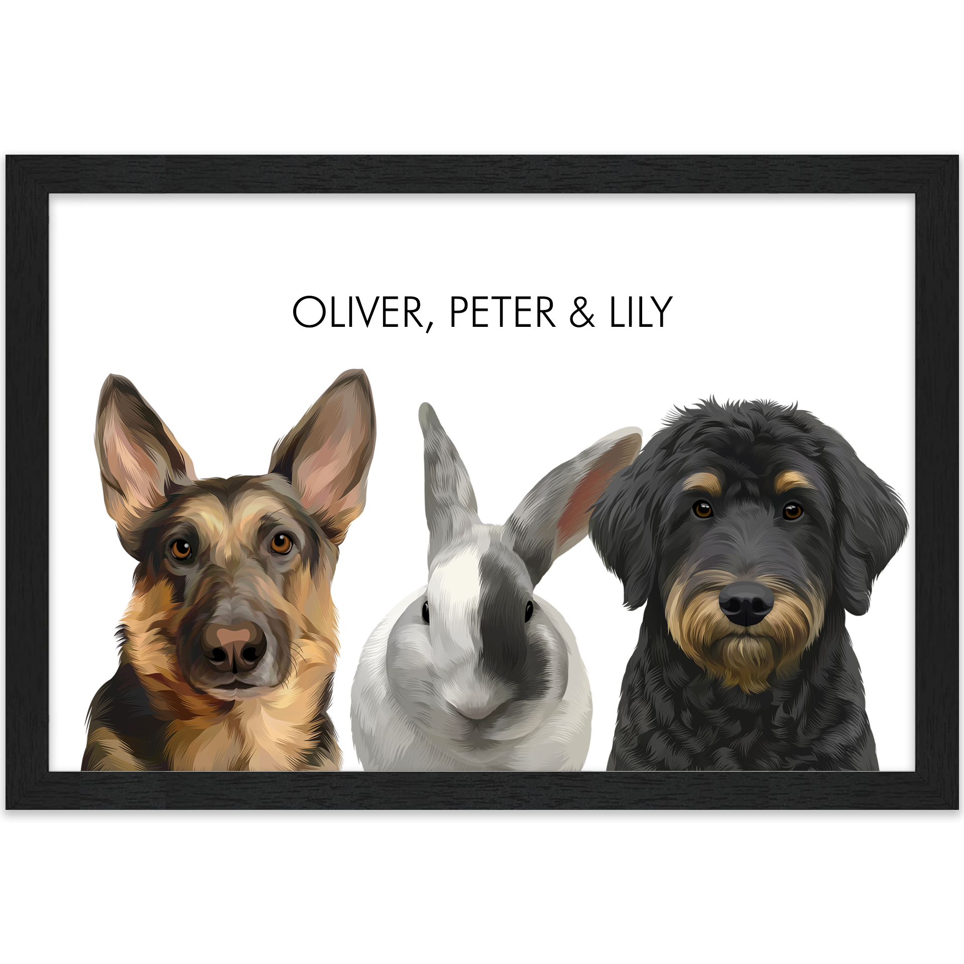 Standard black framed 3 pet portrait featuring a German Shepherd dog, rabbit, and black doodle dog with centered artwork on white.