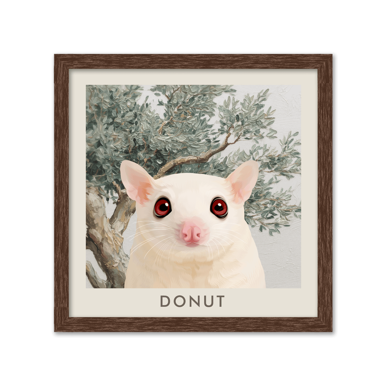 Square custom pet portrait from your pet displayed in a warm walnut wood frame with an organic Mediterranean olive tree setting.