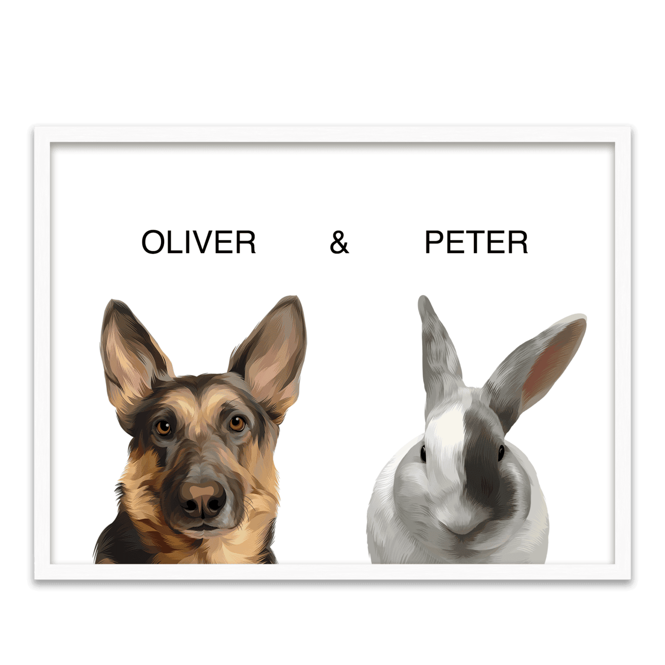 Framed pet portrait artwork of a German Shepherd dog named Oliver and a white bunny named Peter on a white background, placed in a white oak frame.