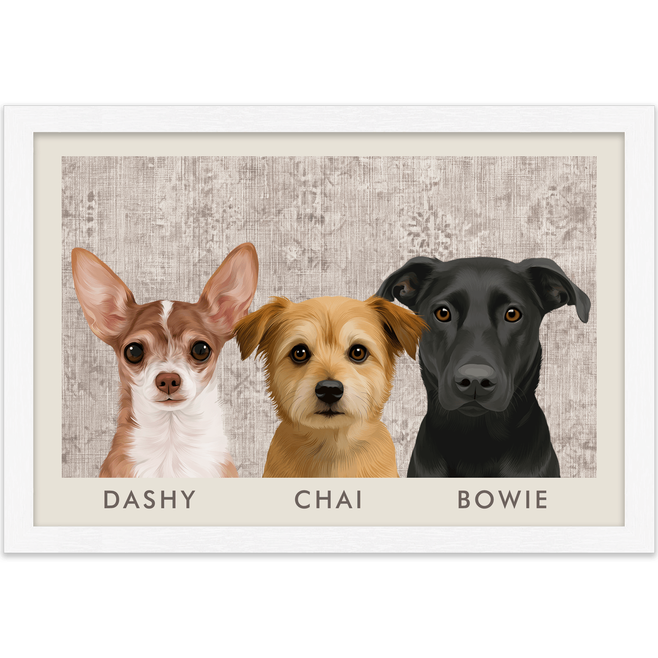 Neutral toned Vintage Distressed Textile Pattern Pet Portrait with detailed Chihuahua, terrier, and black dog artwork beautifully finished in a white frame