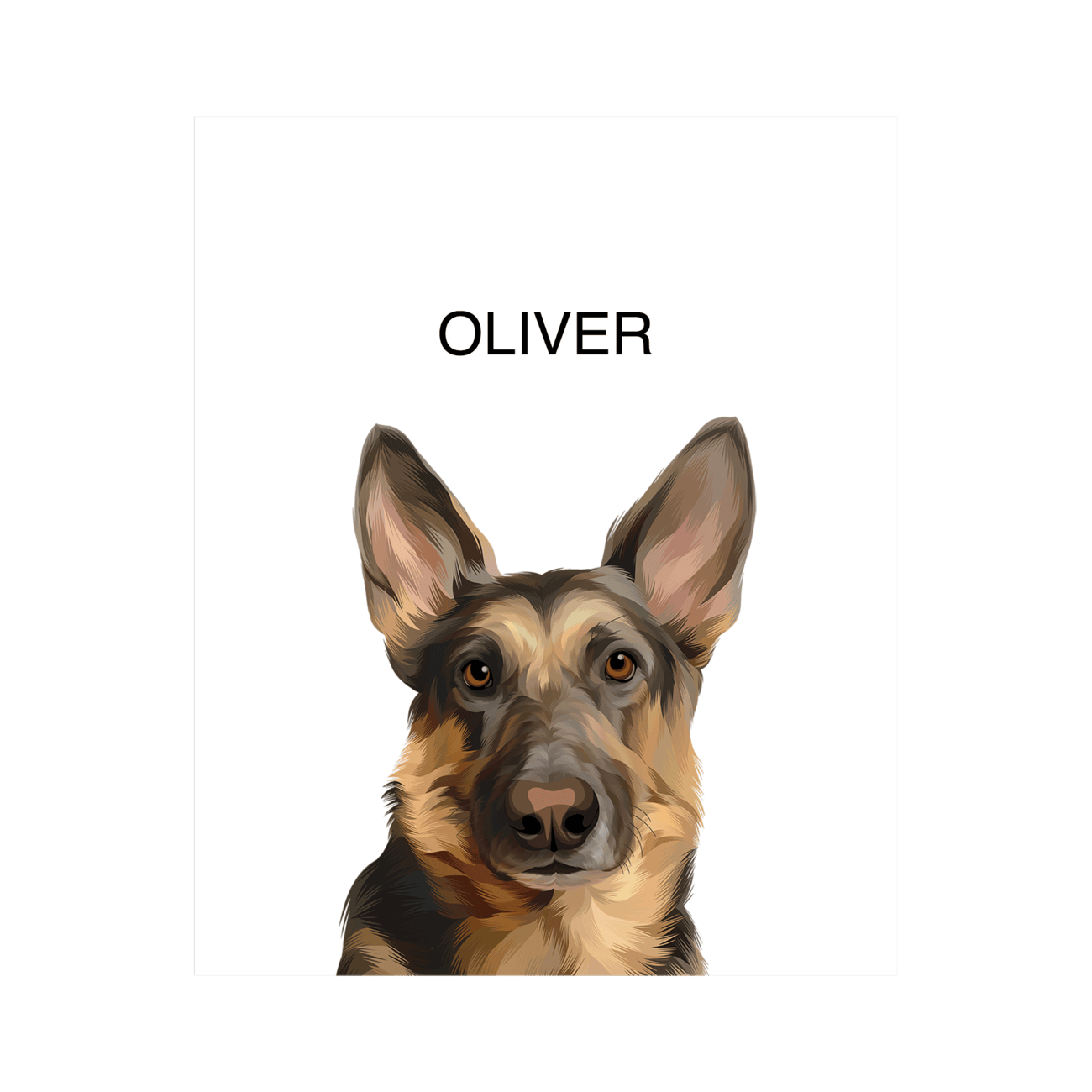 Framed pet portrait artwork of a German Shepherd dog named Oliver on a white background, printed on enhanced matte paper.