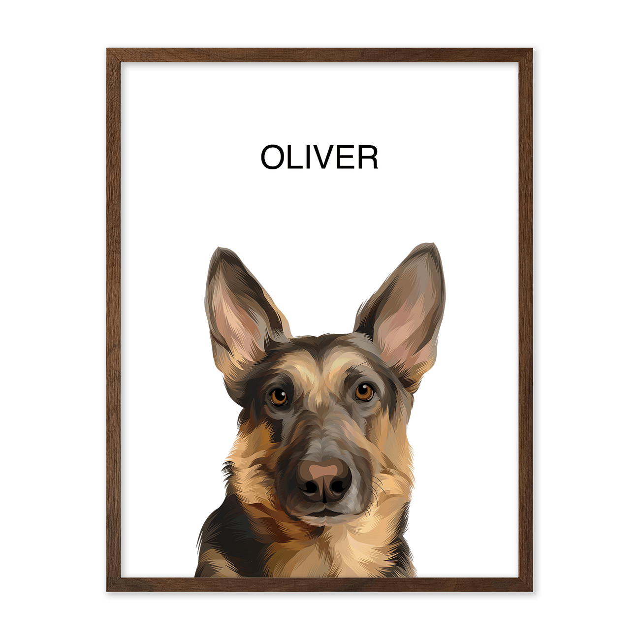 Elegant vertical pet portrait of Oliver the dog, beautifully framed in rich walnut wood to complement warm-toned interiors.