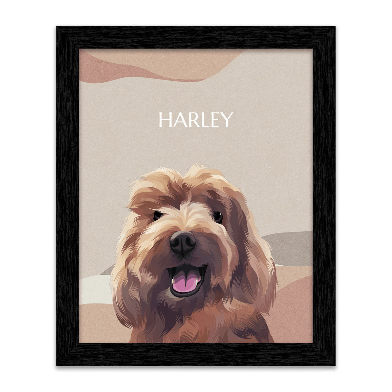 Boho pet portrait of a dog named Harley, custom hand-illustrated with a warm earthy background and framed in a black frame.