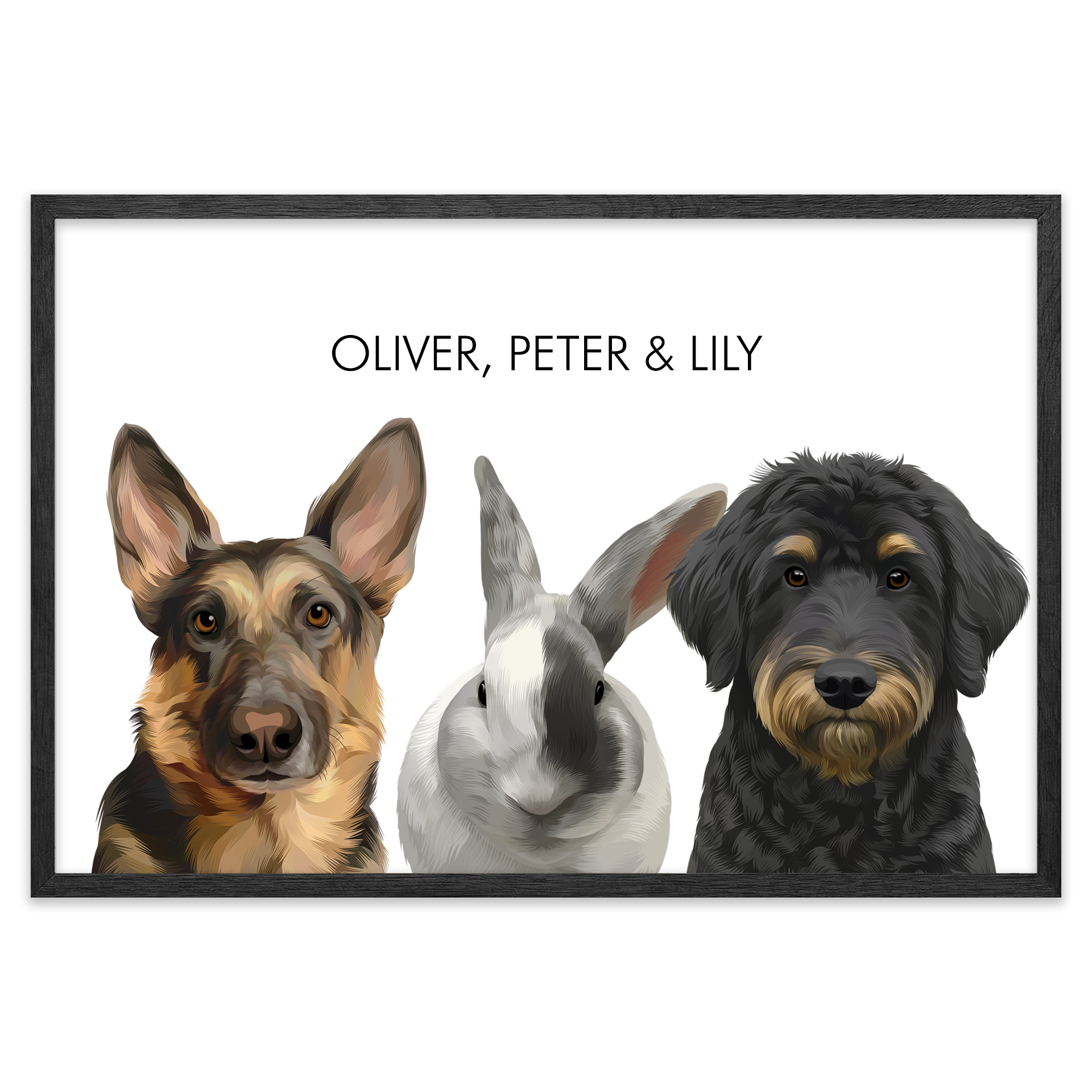 Personalized 3 pet portrait of a German Shepherd dog, rabbit, and black doodle dog in a black oak frame with a clean white background.