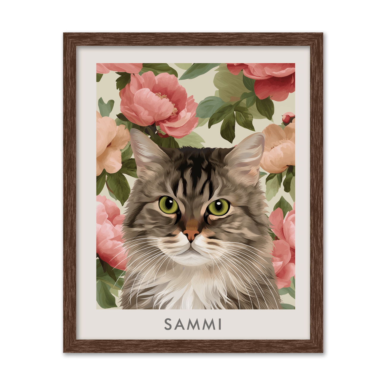Vertical walnut framed vintage blush pink peonies pet portrait of tabby cat Sammi, warm wood frame complementing layered peony blossoms.