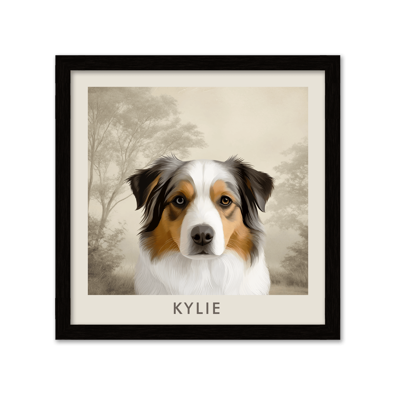 Illustrated Australian Shepherd pet portrait with a dreamy countryside background, displayed in a sleek metal frame for a clean and modern finish.