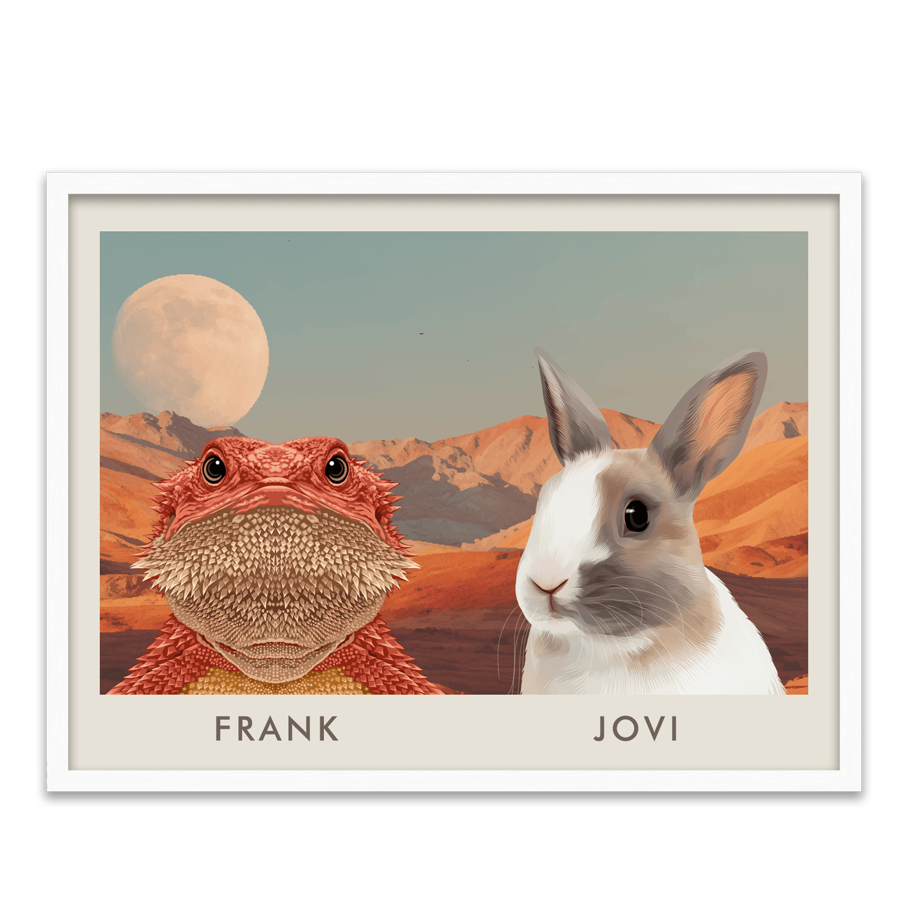 Horizontal desert moon art pet portrait of Frank the bearded dragon and Jovi the rabbit in a white oak frame.