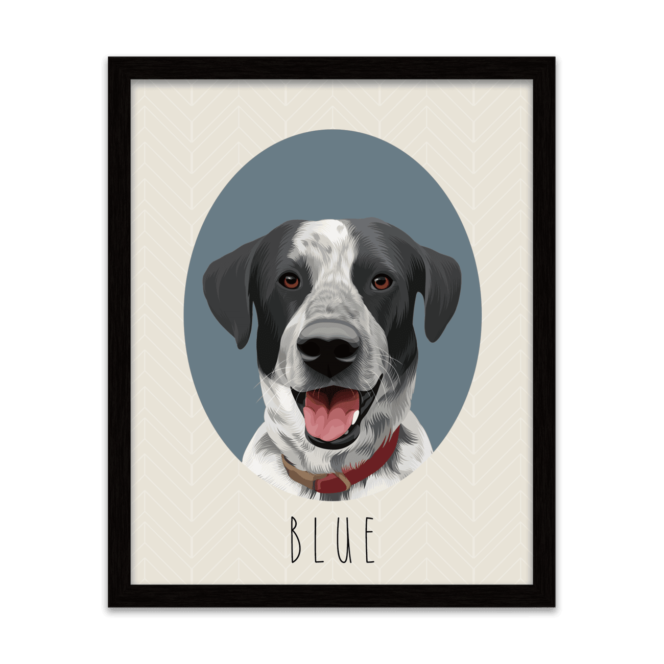 Hand-illustrated pet portrait of a dog named Blue, set against an oval-shaped blue background and placed in a metal frame.