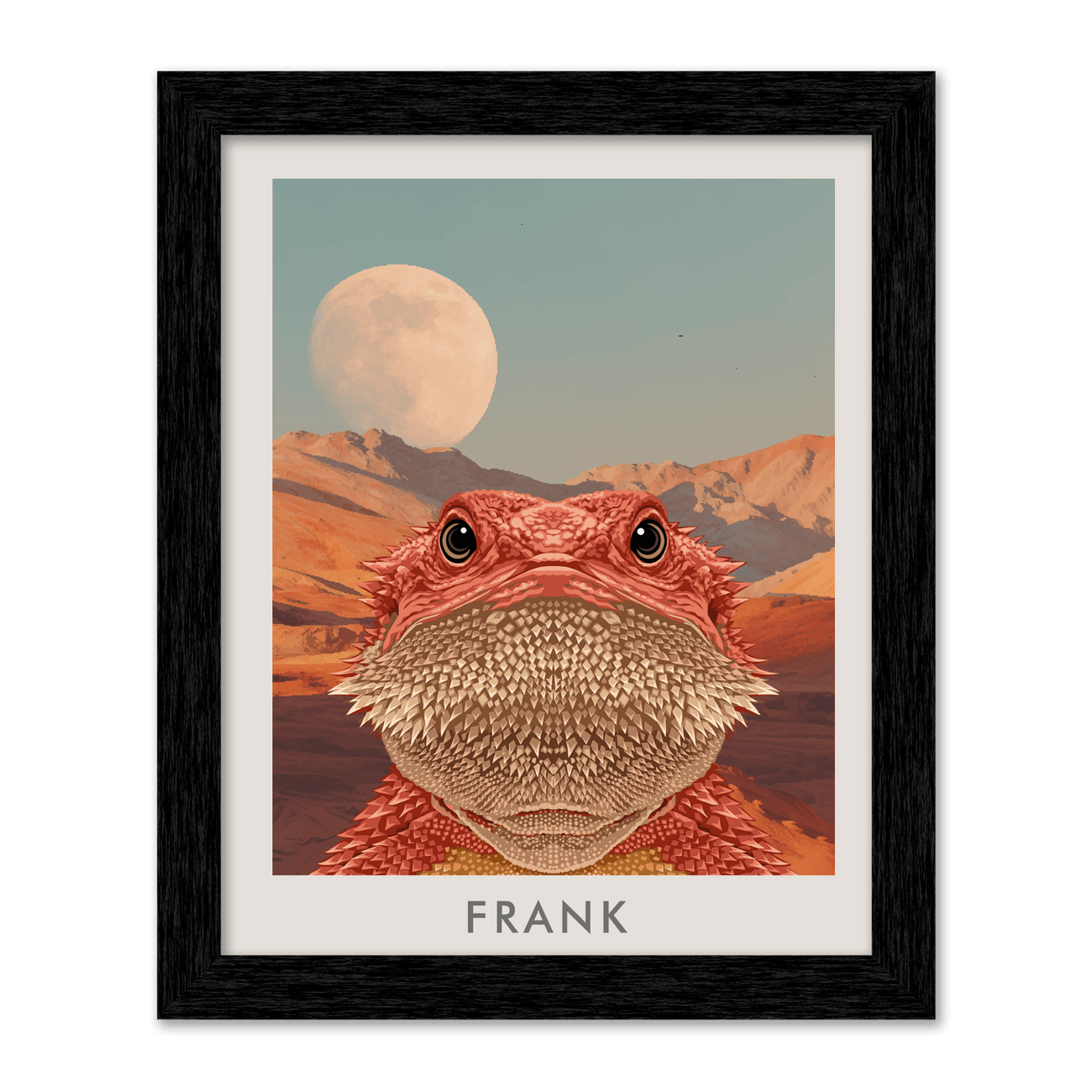 Bearded dragon portrait named Frank against a desert moon landscape in a black frame.