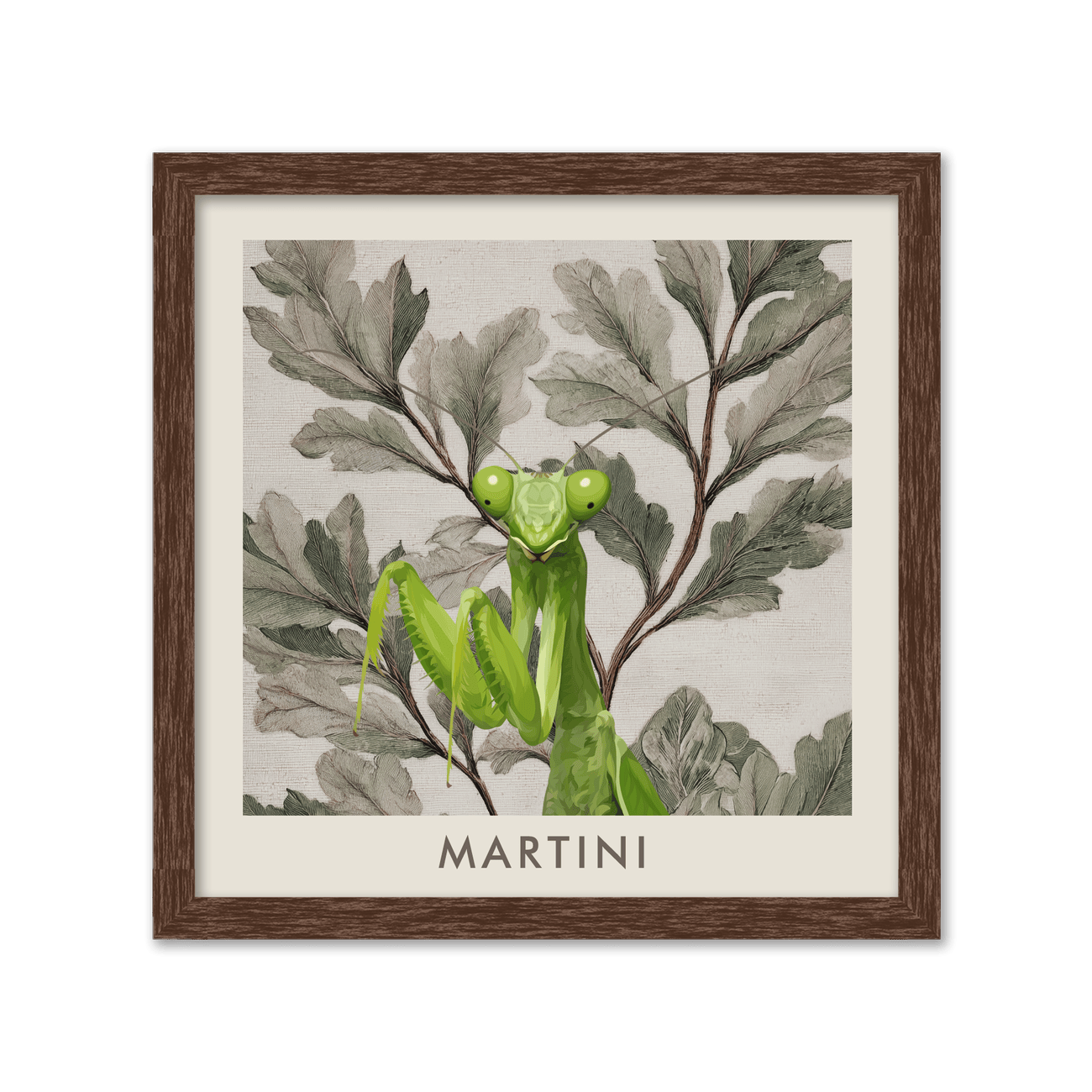 Walnut framed vintage botanical pet portrait showing a green praying mantis named Martini over a classic leaf pattern.
