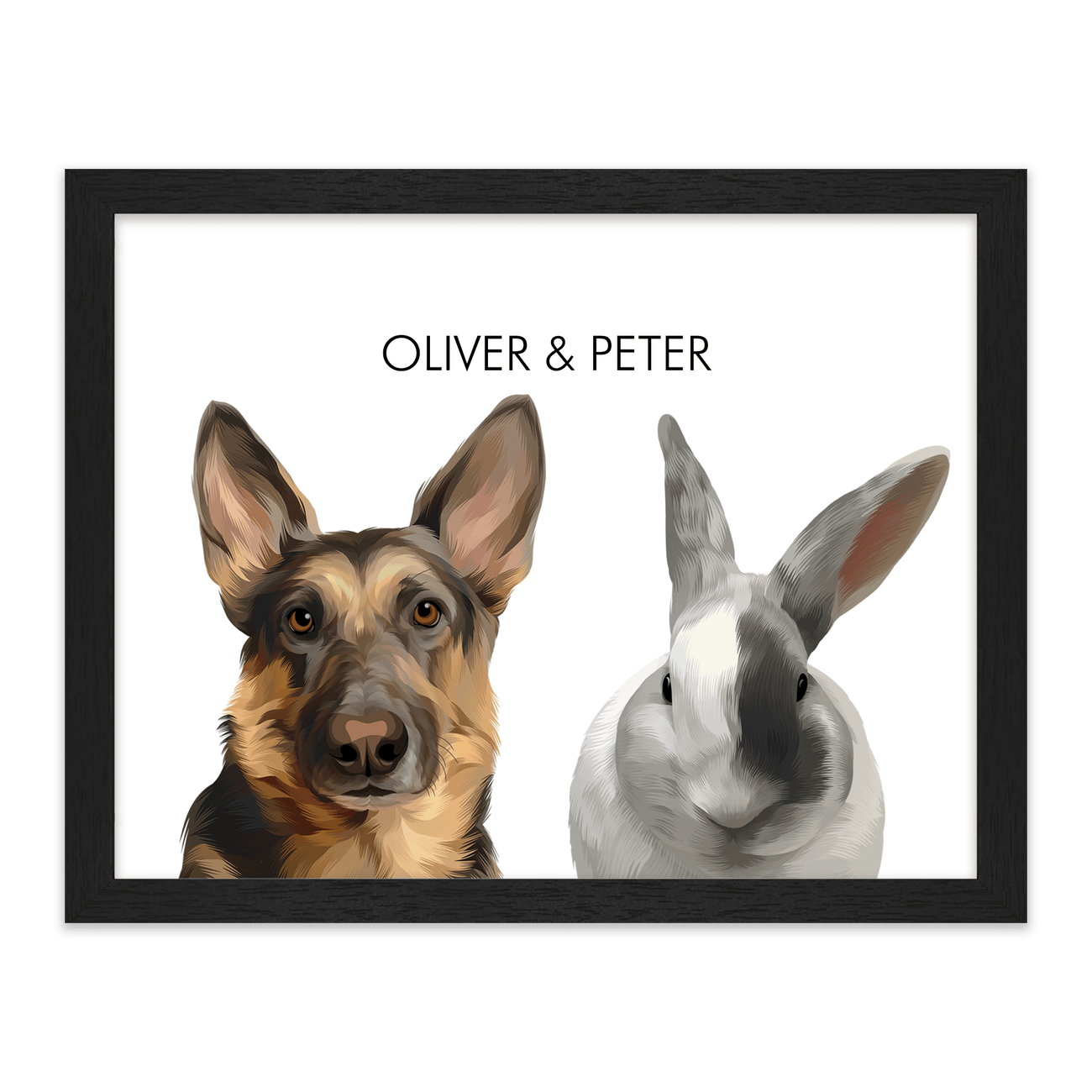 Original hand illustrated 2 pet portrait of a German Shepherd dog and rabbit in a standard black frame, displayed on a clean white background.