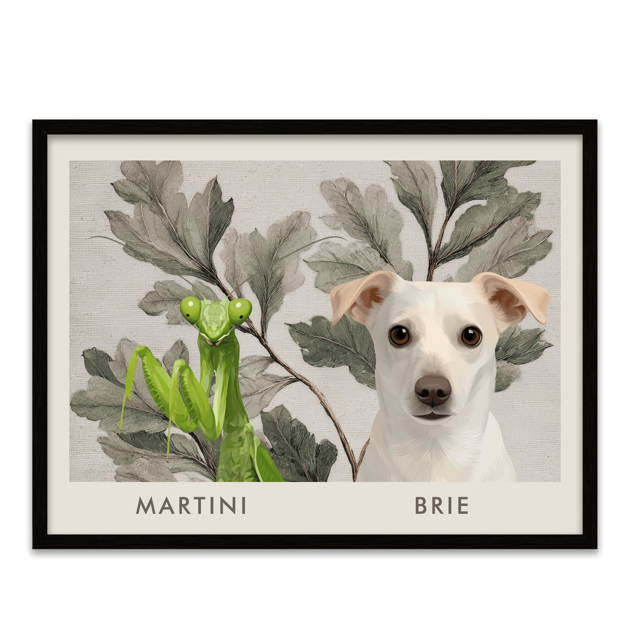 Metal framed vintage botanical pet portrait featuring a bright green praying mantis named Martini with detailed foliage art.