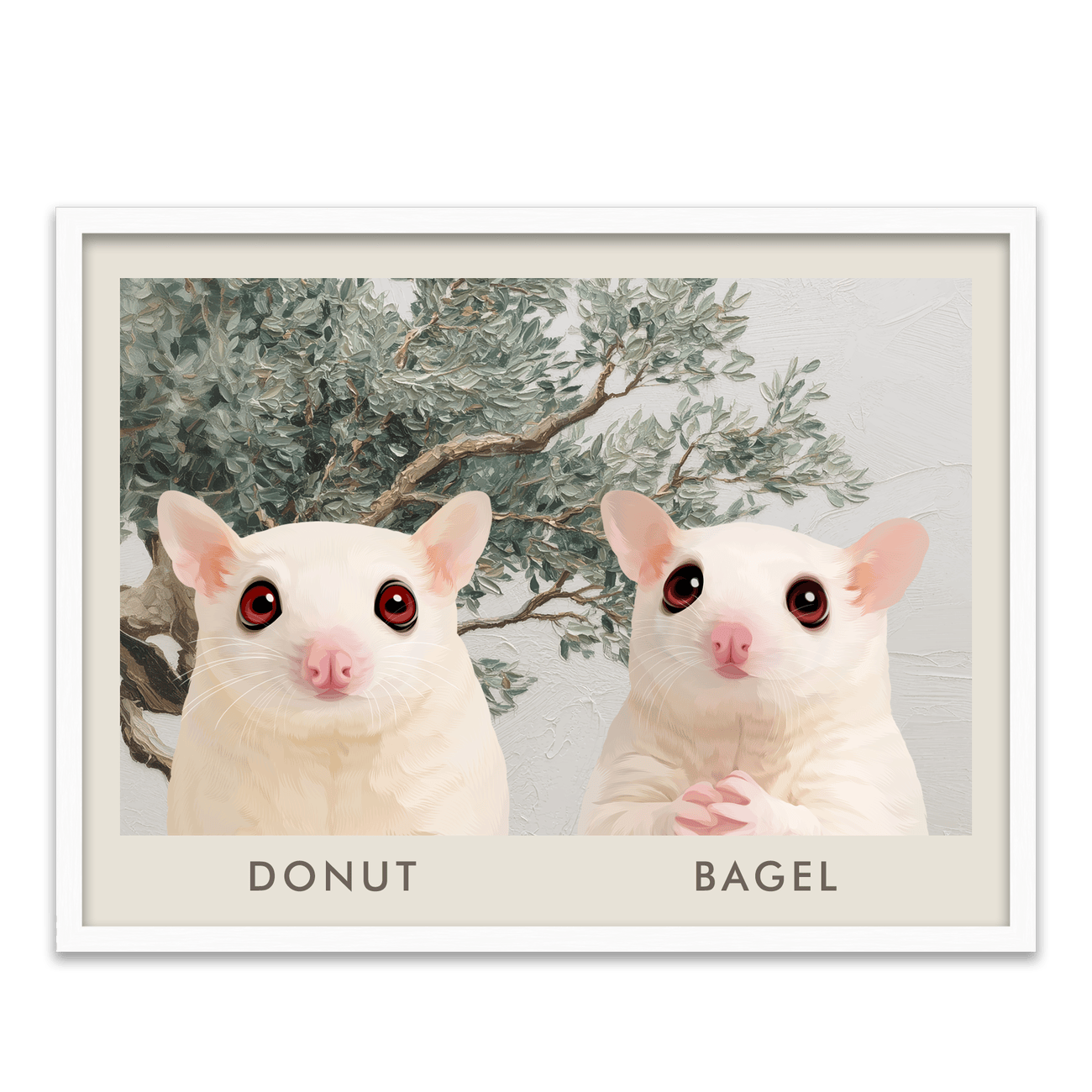 Natural white oak frame showcasing a custom two pet portrait from your pet with organic Mediterranean olive tree tones.